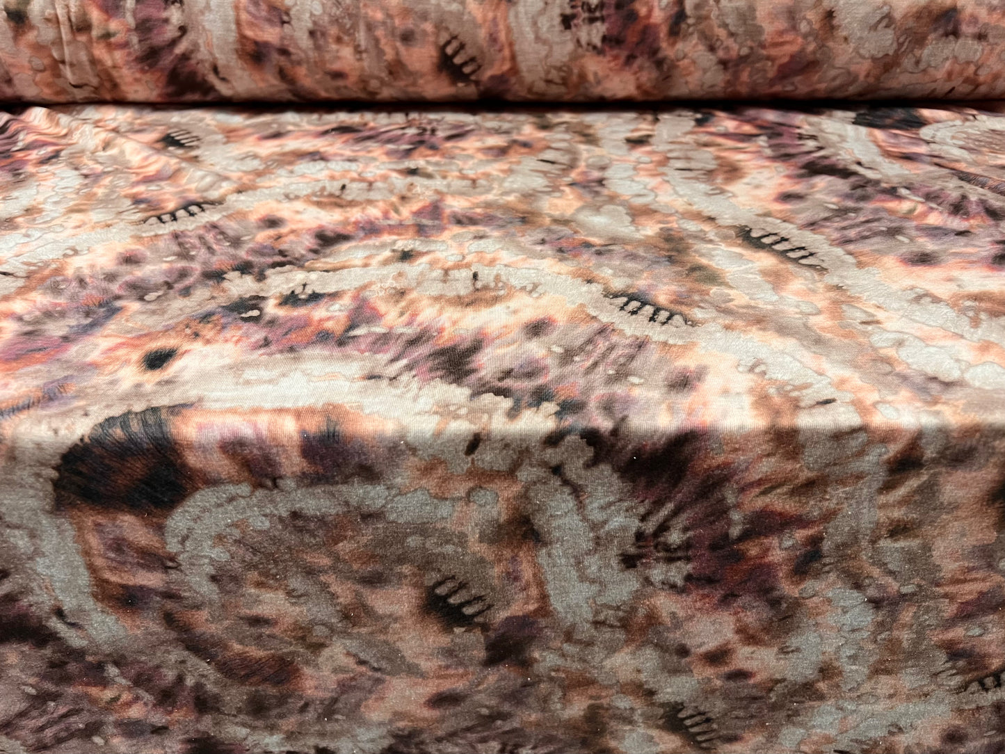 Soft handle single jersey fashion fabric, per metre - tie dye circle print - grey & plum