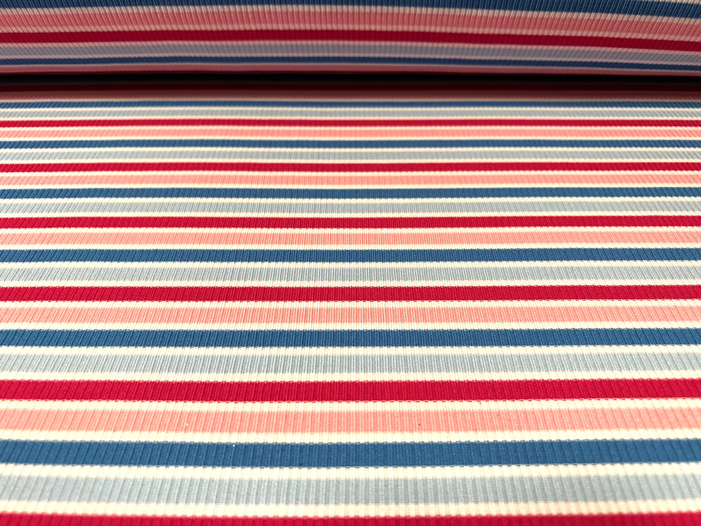 Stretch Spandex rib jersey fabric, per metre - Neapolitan stripe - white pink & blue