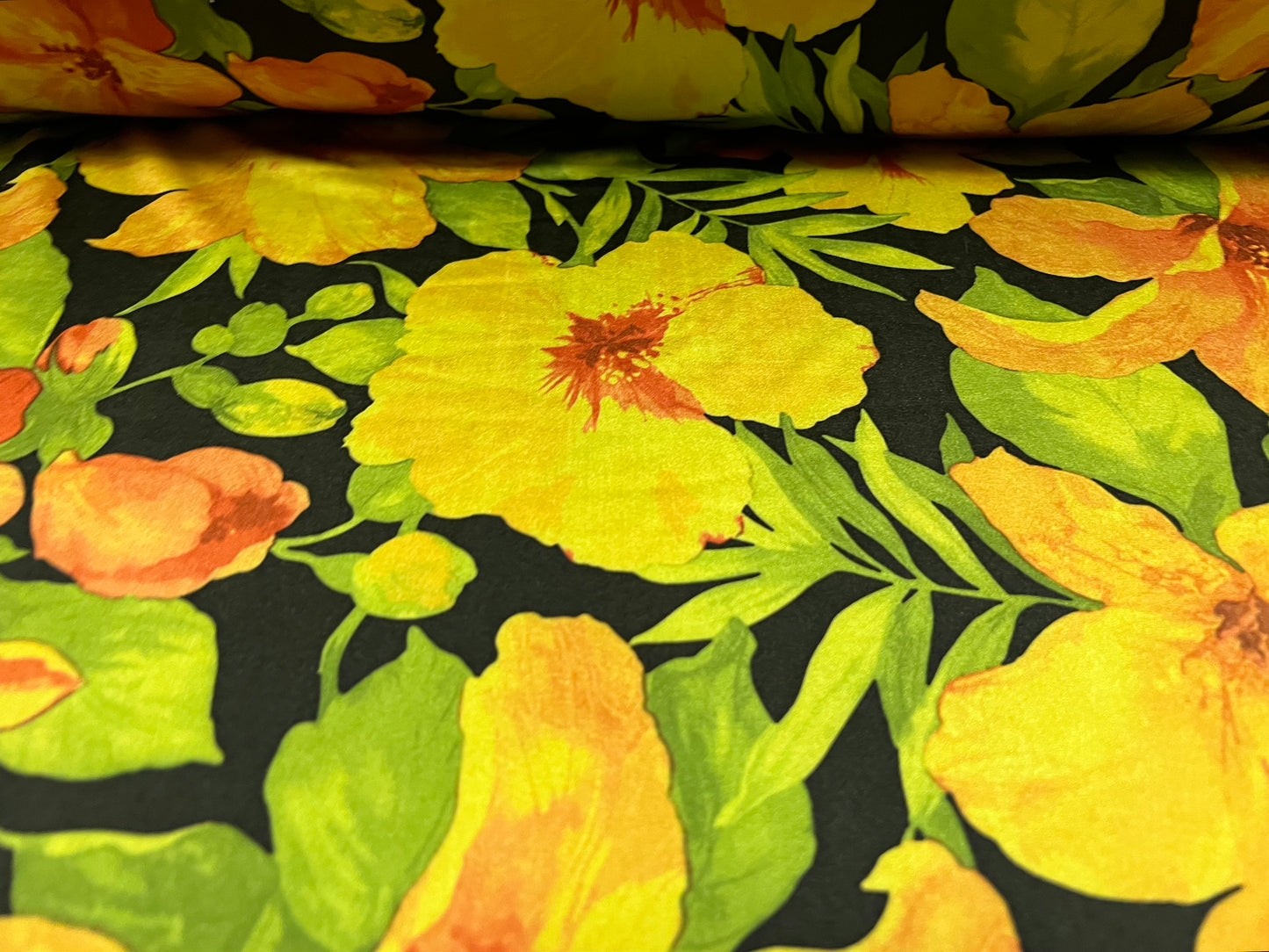 Swimwear stretch spandex jersey fabric, per metre - orchid flower print - black lime & orange