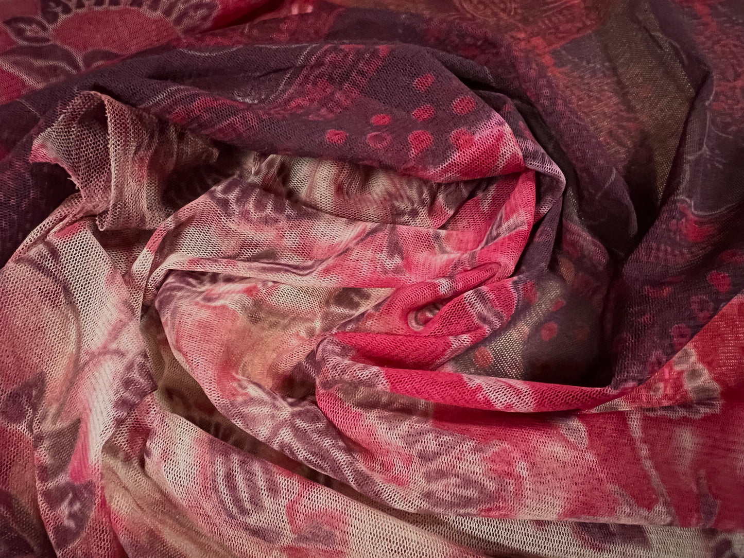 Sheer mesh net fabric, per metre - Keralia paisley stripe print - burgundy & pink