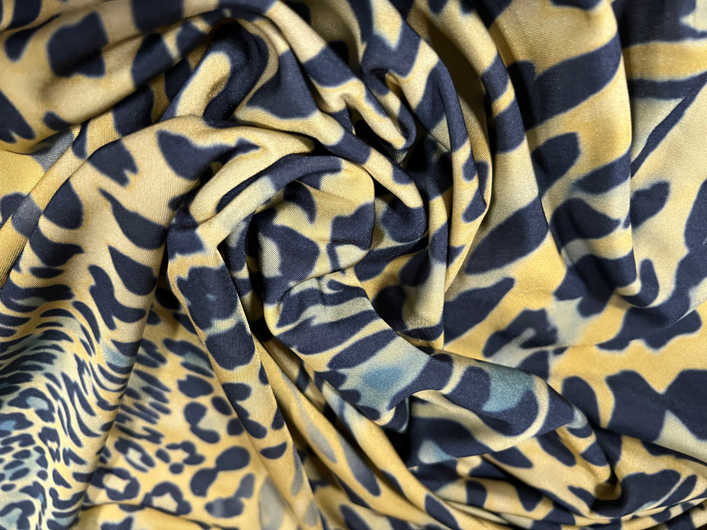 Swimwear stretch spandex jersey fabric, per metre - stylised leopard print - mustard & indigo