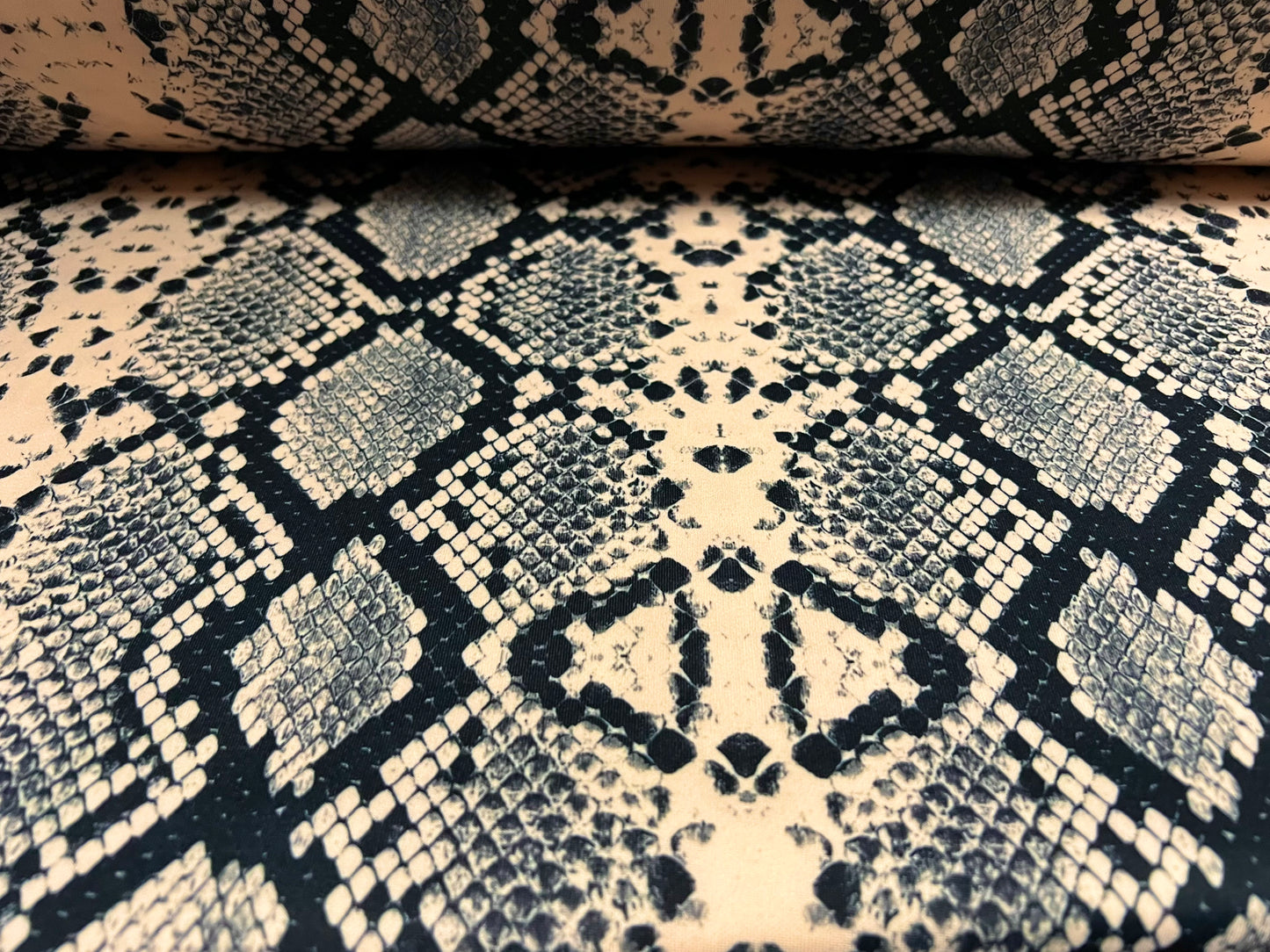 Scuba stretch spandex neoprene style double jersey fabric, per metre - snakeskin animal print - nude & black