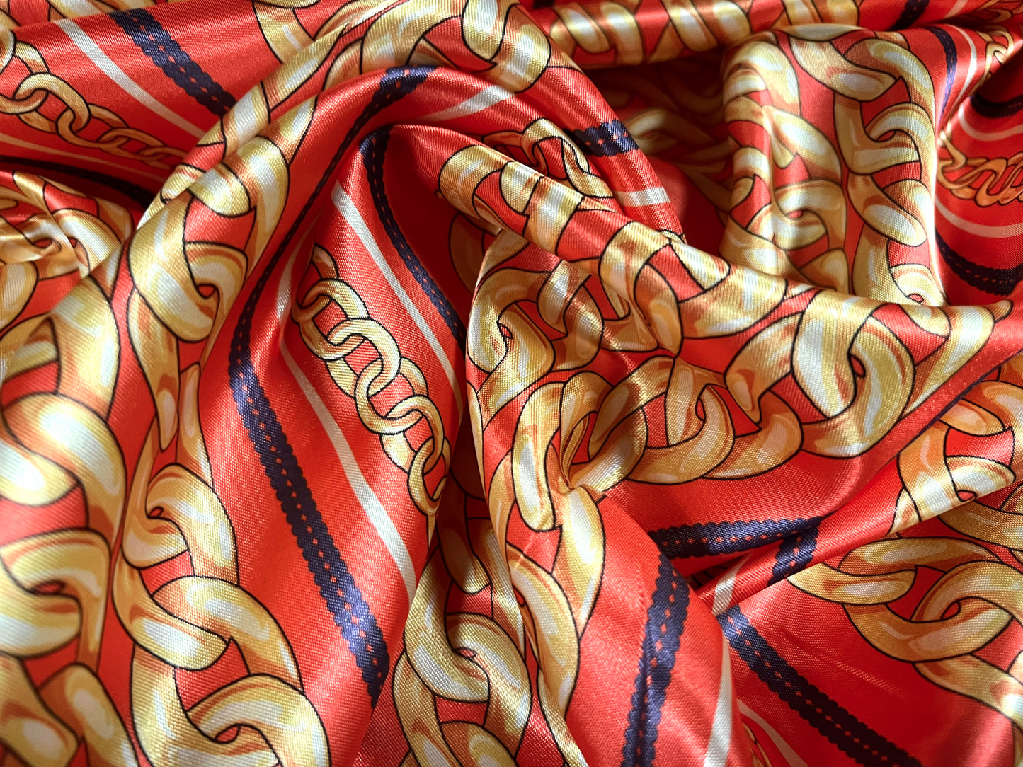 Silky Satin woven dress fabric, per metre - designer chains print - pink & gold