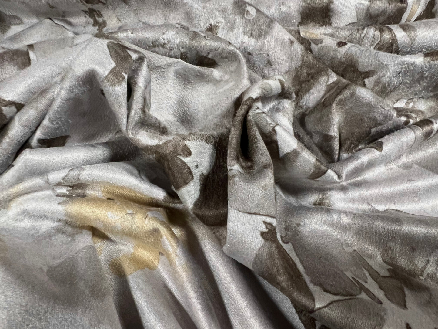 Faux suede stretch spandex jersey fabric, per metre - stylised floral print - silver grey & mustard