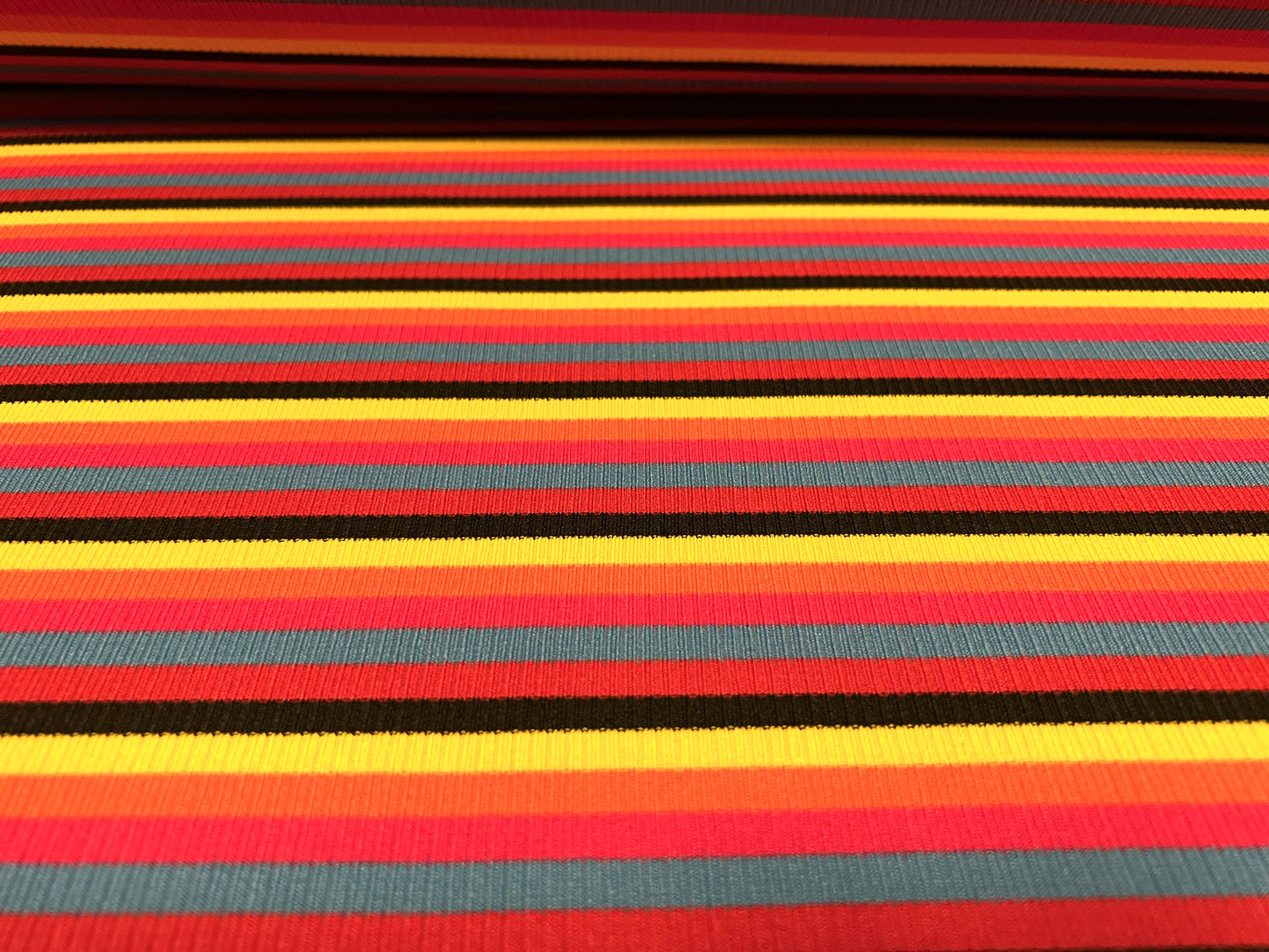 Stretch Spandex rib jersey fabric, per metre - multicolour stripe - red orange yellow & blue