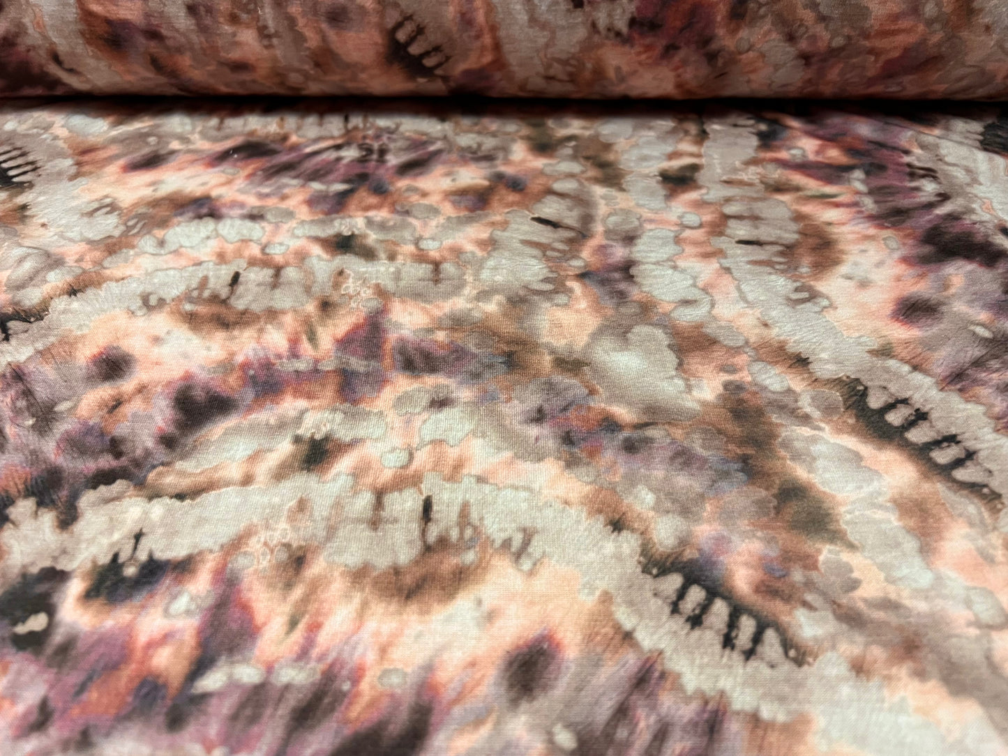 Soft handle single jersey fashion fabric, per metre - tie dye circle print - grey & plum