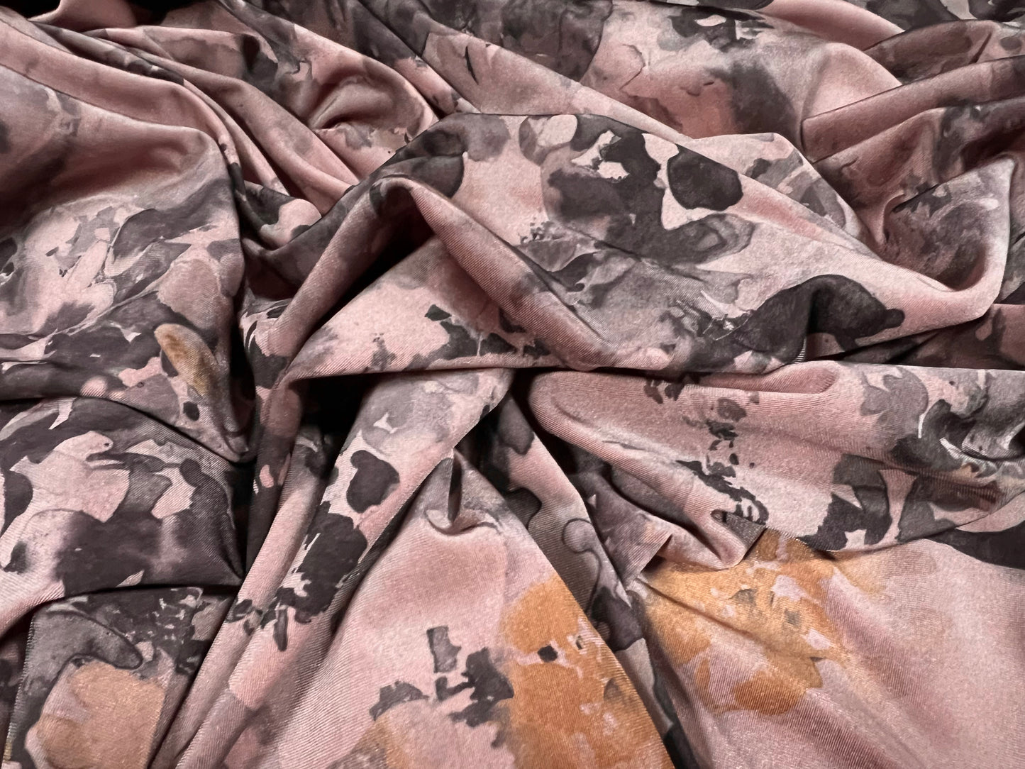 Swimwear stretch spandex jersey fabric, per metre - floral print - dusky pink grey & mustard