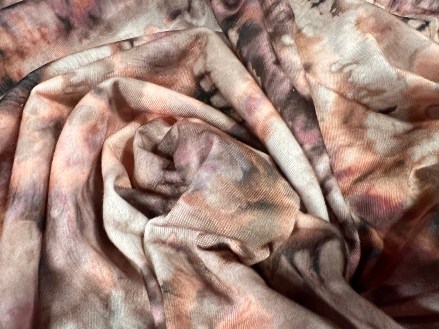 Soft handle single jersey fashion fabric, per metre - tie dye circle print - grey & plum