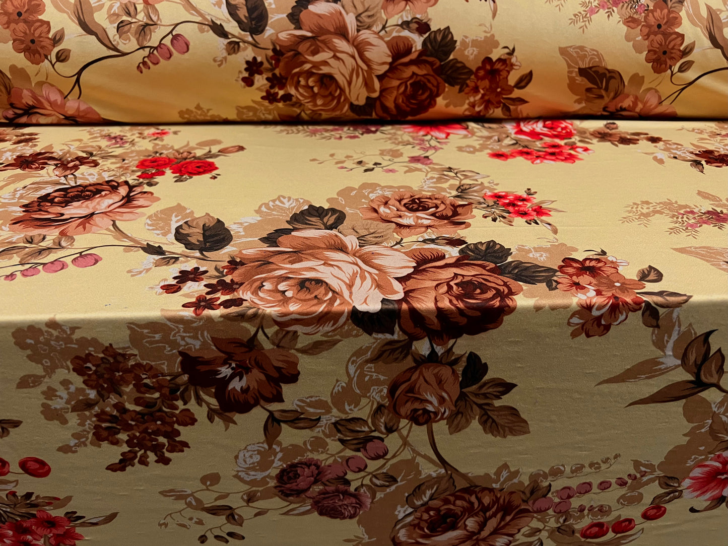 Valentino crepe spandex jersey fabric - similar to scuba - per metre - rose flower print - gold & cerise