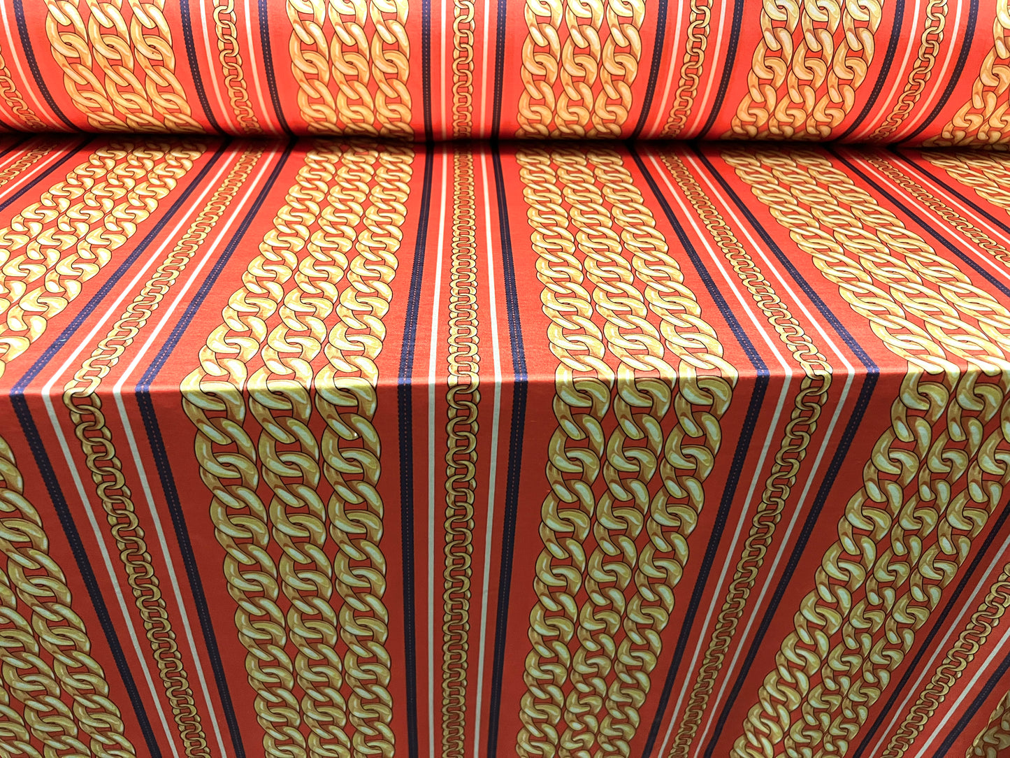 Stretch spandex jersey fabric, per metre - designer chains print - coral pink & gold