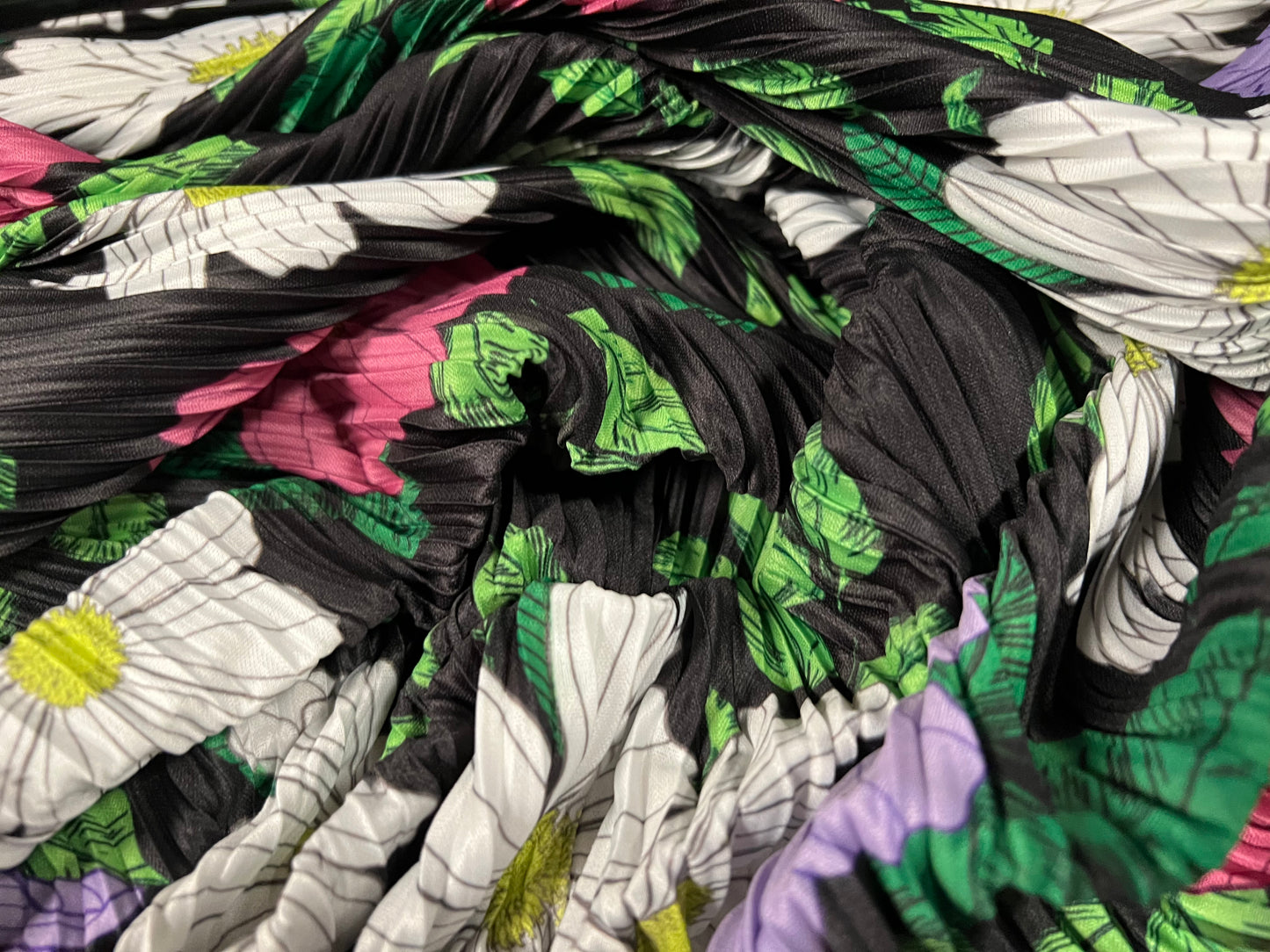 Plissé pleated dress fabric, per metre - flower print - black pink & green