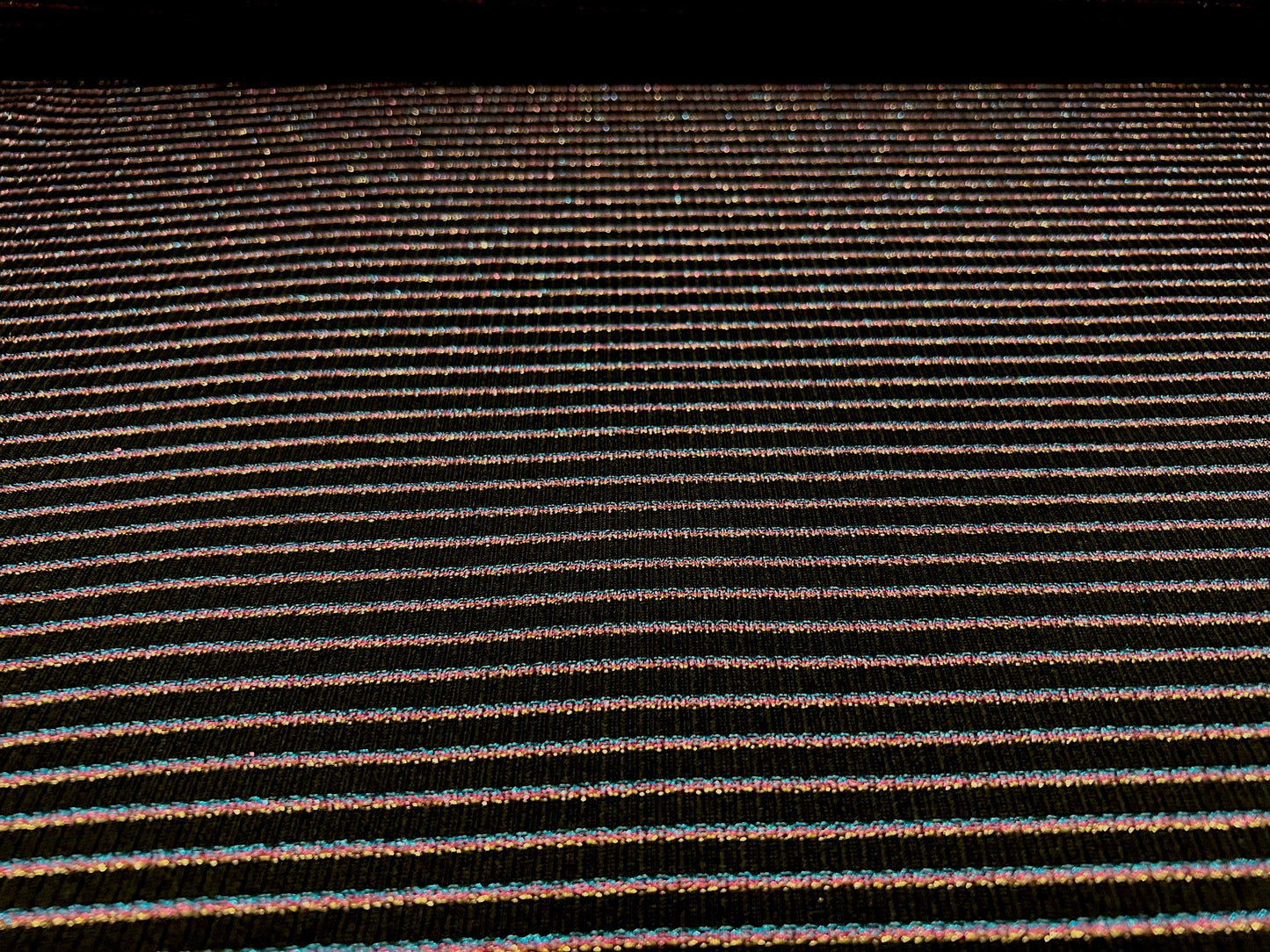 Ribbed single jersey fashion fabric, per metre - black with rainbow pinstripe
