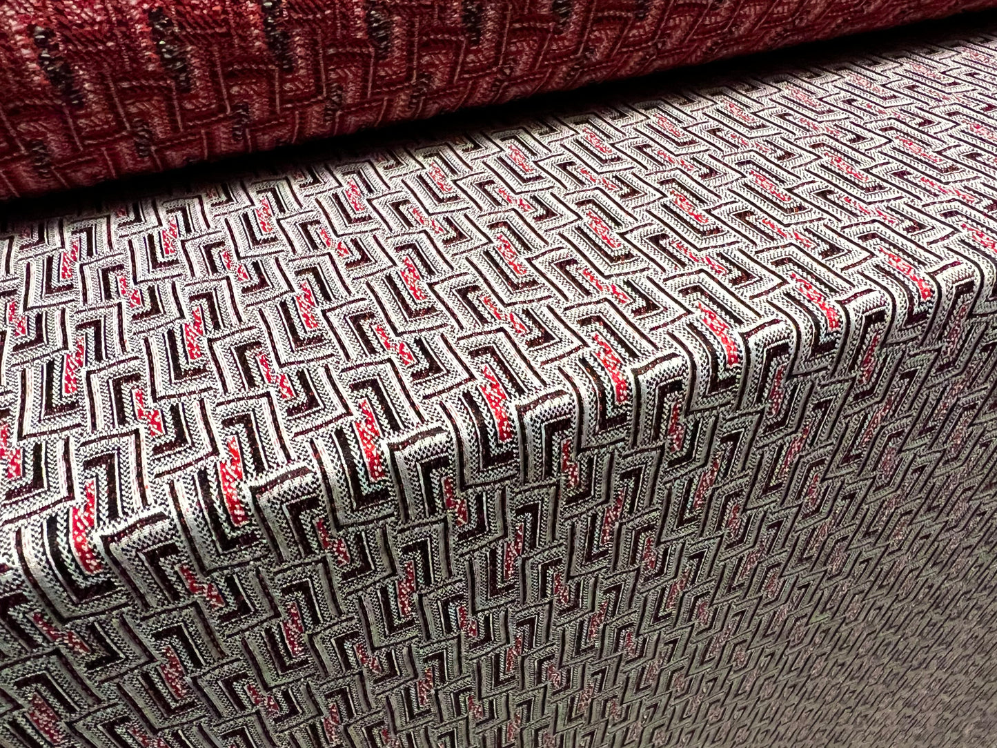 Double Jersey stretch spandex fabric, per metre - geometric jacquard - red & grey
