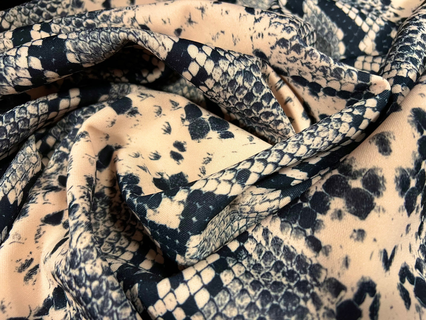 Scuba stretch spandex neoprene style double jersey fabric, per metre - snakeskin animal print - nude & black