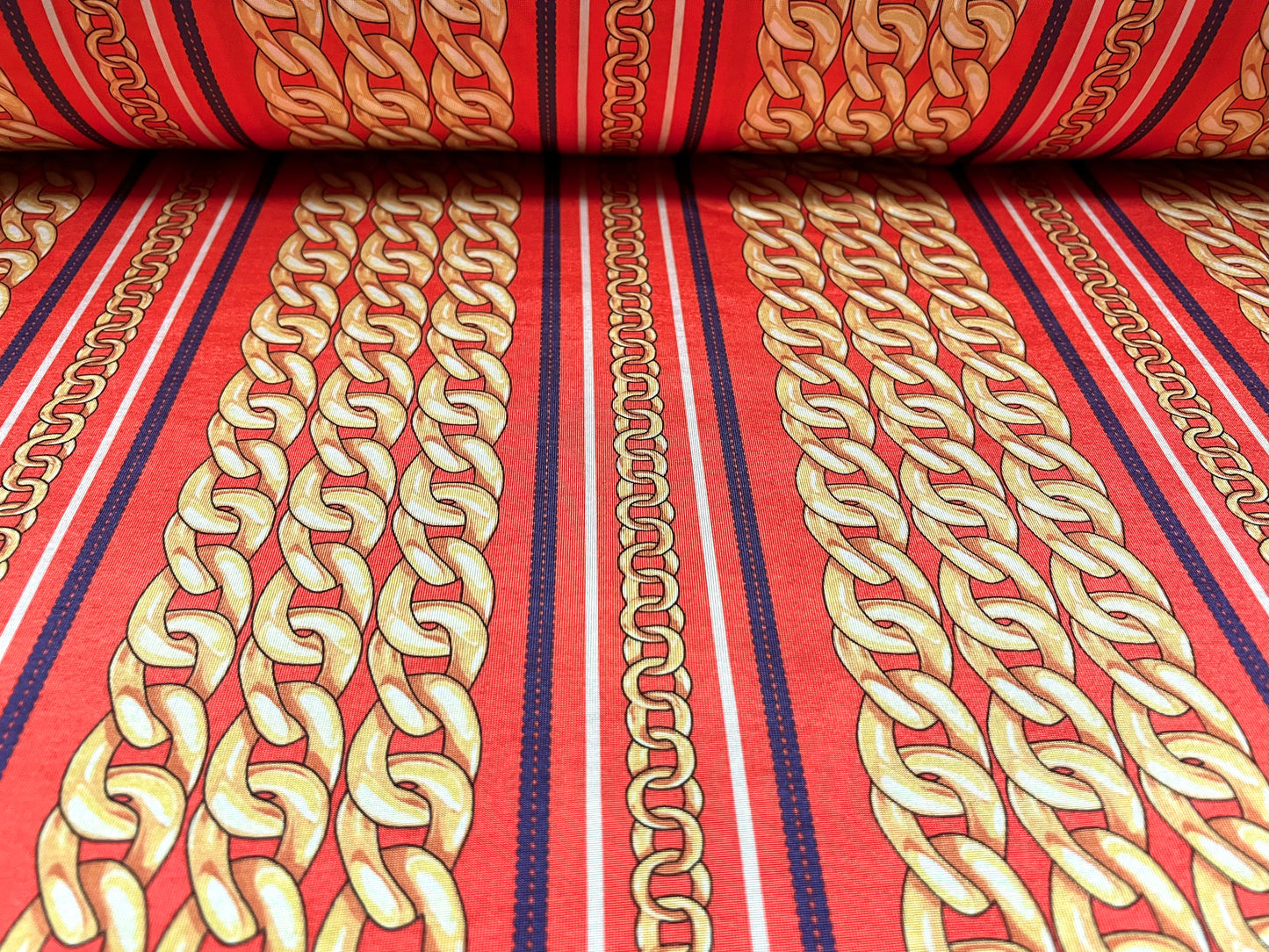 Stretch spandex jersey fabric, per metre - designer chains print - coral pink & gold