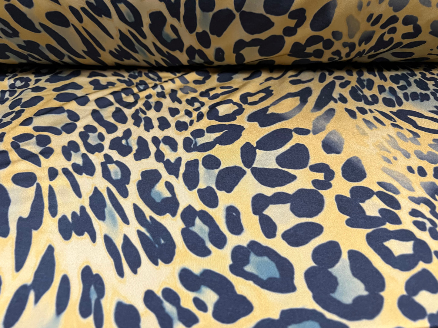 Swimwear stretch spandex jersey fabric, per metre - stylised leopard print - mustard & indigo