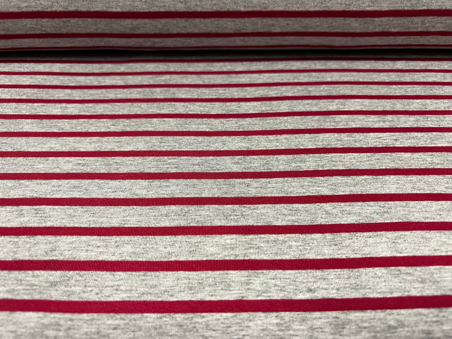 Viscose spandex stretch single jersey fabric, per metre - stripe - grey marl & winter red
