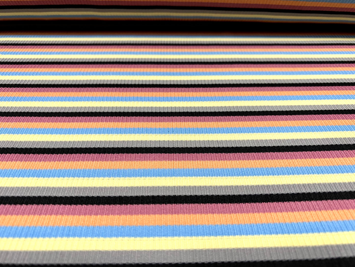 Stretch Spandex rib jersey fabric, per metre - Neapolitan stripe - lemon orange & mauve