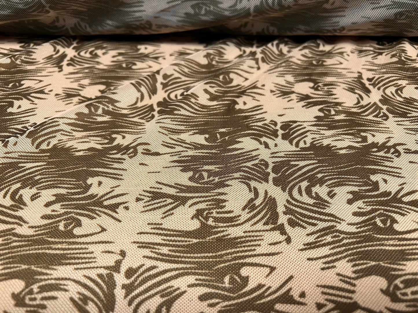 Power mesh net sheer stretch spandex fabric, per metre - tribal swirl tattoo print - nude & khaki
