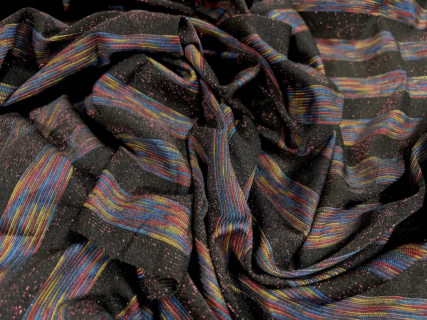 Metallic single jersey stretch spandex fabric, per metre - stripe - black rainbow 18mm