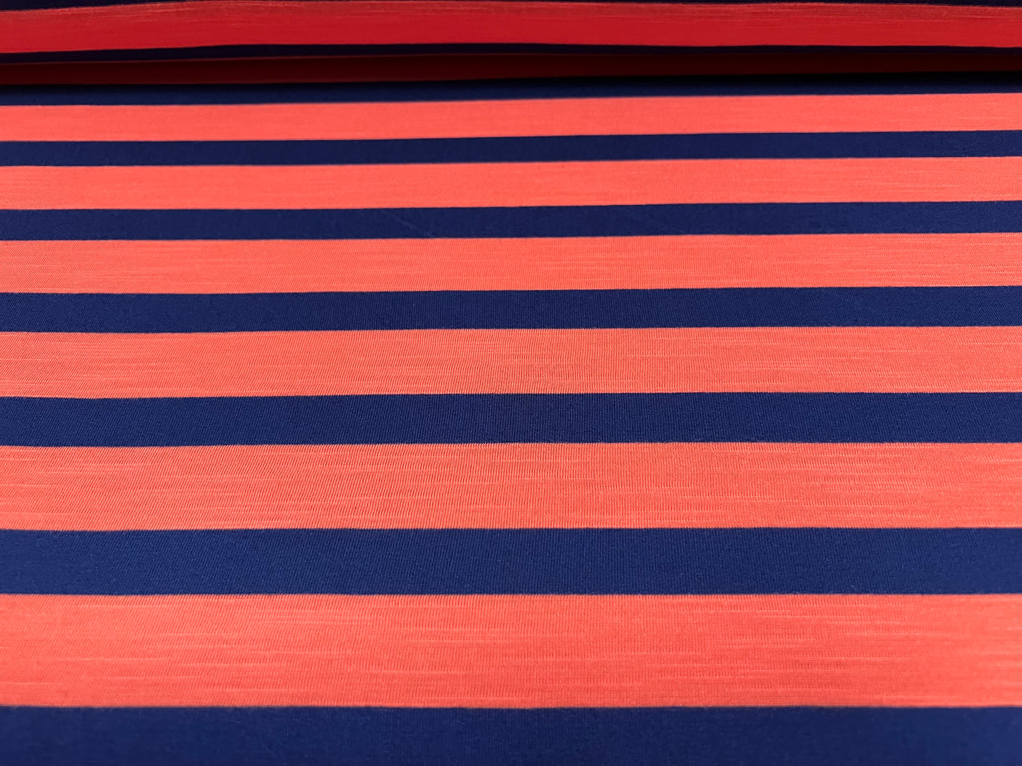 Soft handle slub single jersey fabric, per metre - stripe - coral & navy blue
