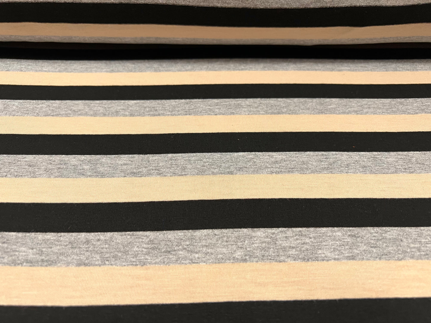 Viscose spandex stretch single jersey fabric, per metre - stripe - stone, grey marl & black