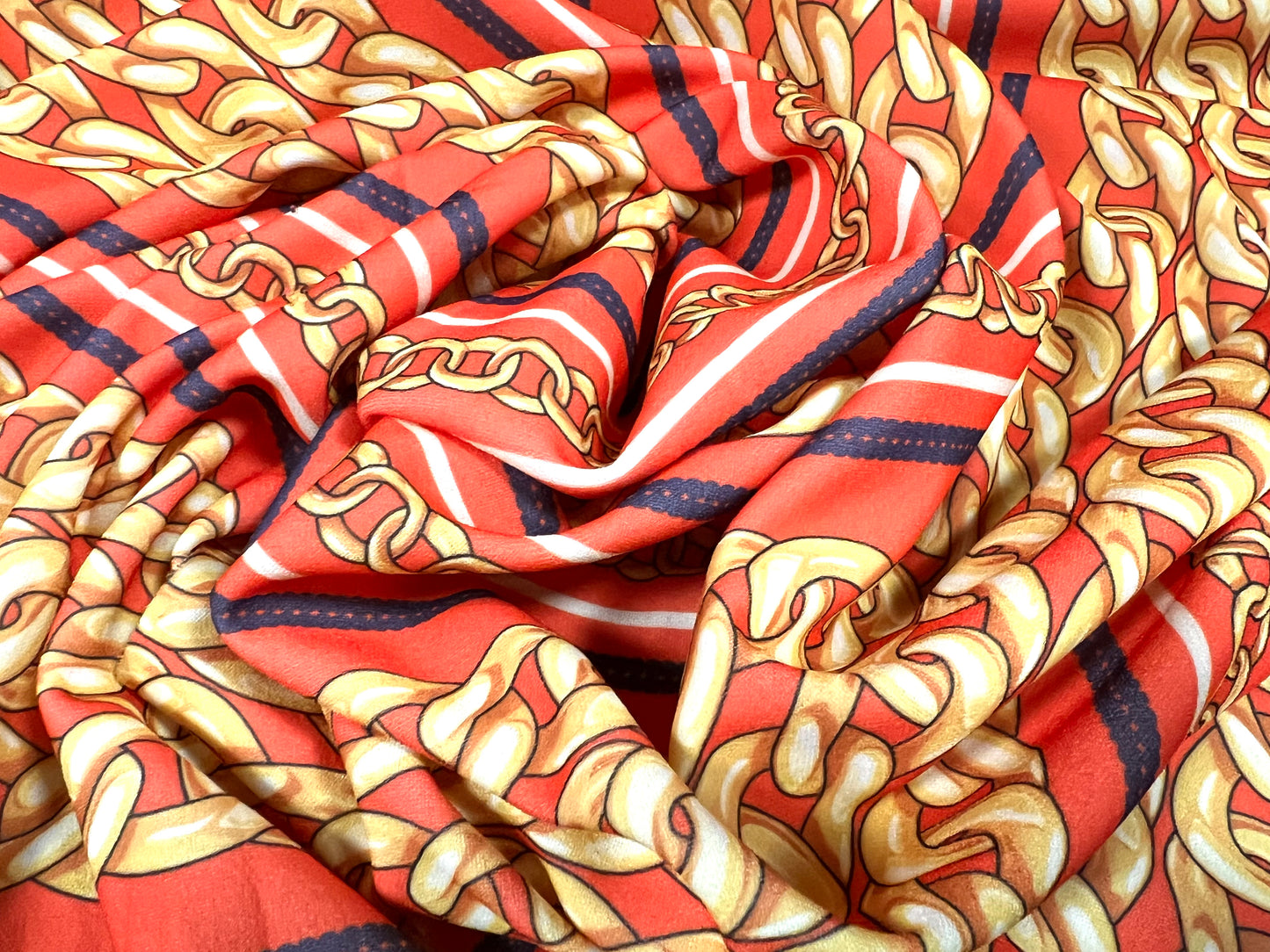 Scuba crepe stretch spandex jersey dress fabric, per metre - designer chains print - coral pink & gold