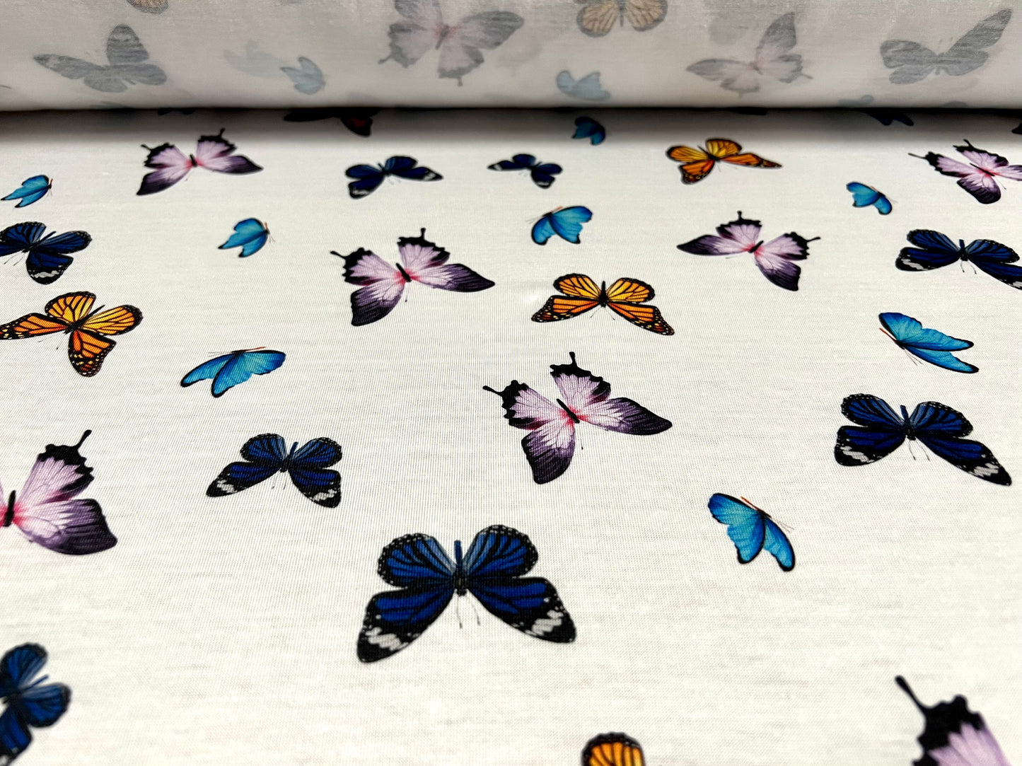 Soft handle single jersey fashion fabric, per metre - butterfly print - white lilac & blue