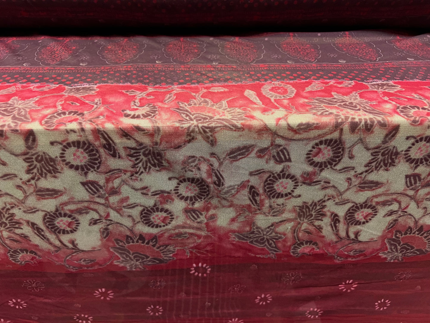 Sheer mesh net fabric, per metre - Keralia paisley stripe print - burgundy & pink