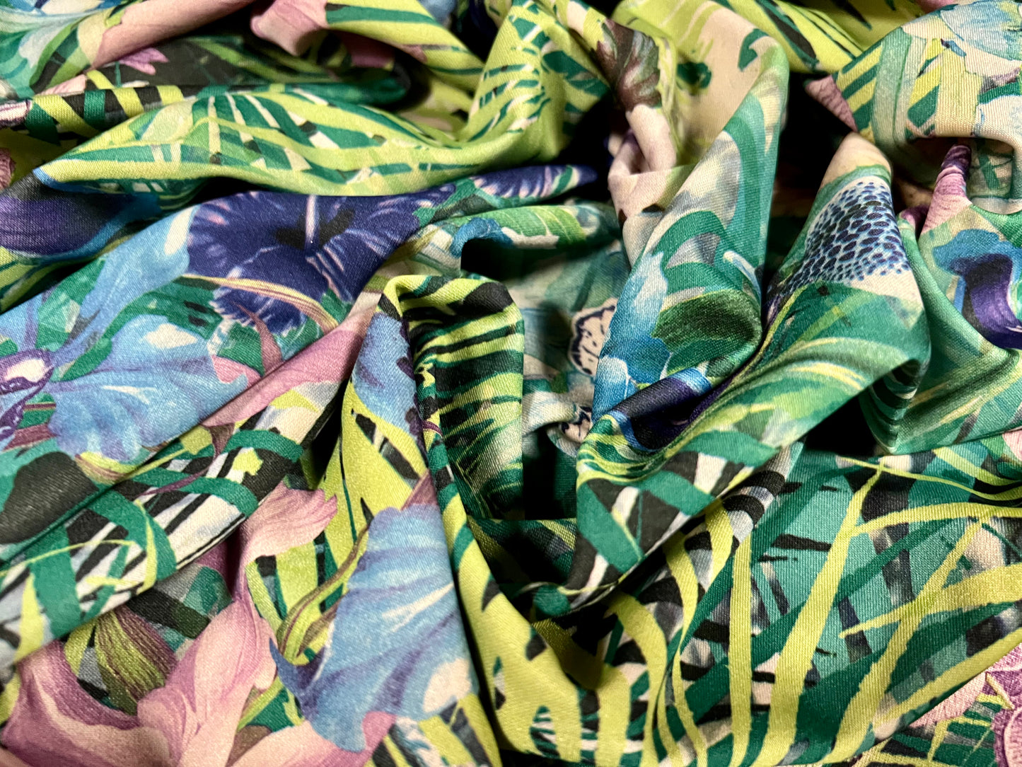 Valentino crepe spandex jersey fabric - similar to scuba - per metre - jungle flower print - green & lilac