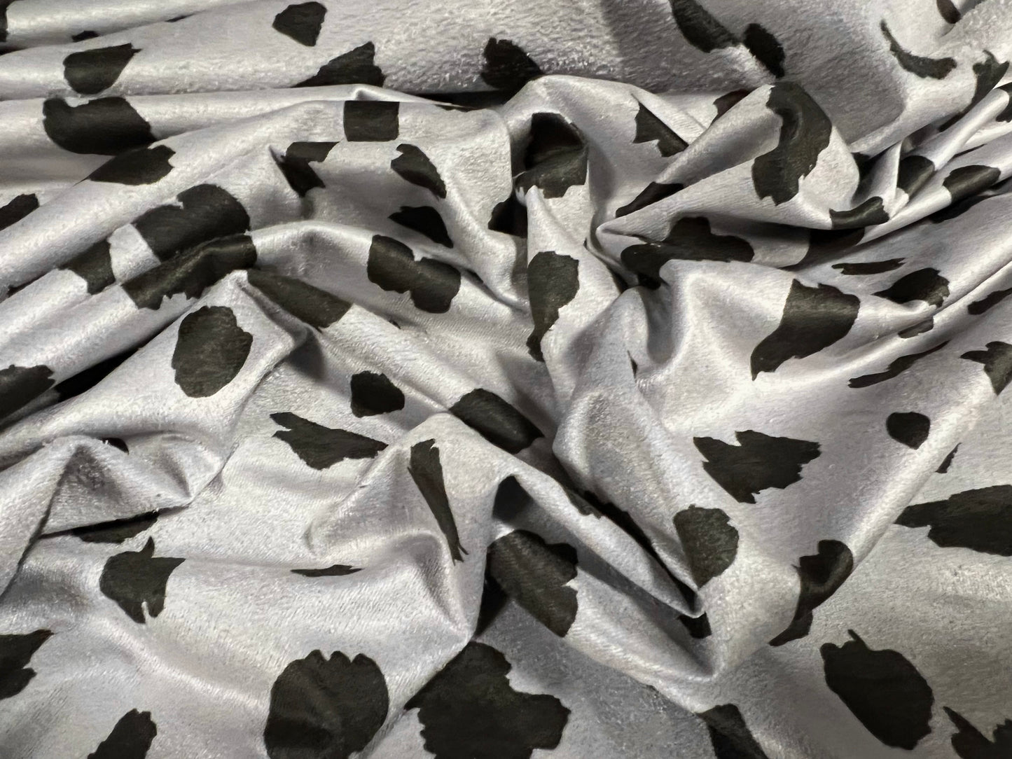 Faux suede stretch spandex jersey fabric, per metre - Dalmatian print - silver grey