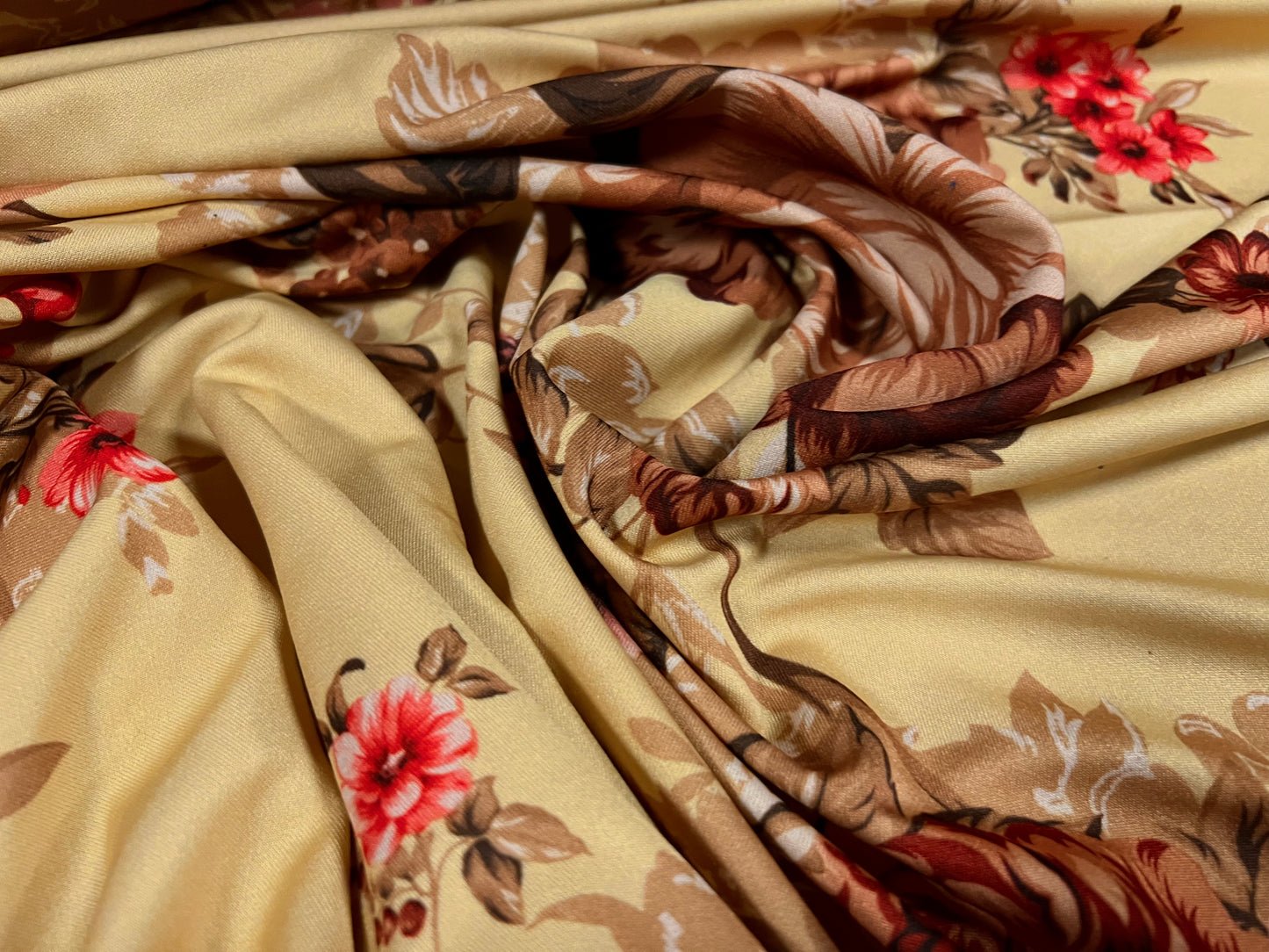 Valentino crepe spandex jersey fabric - similar to scuba - per metre - rose flower print - gold & cerise