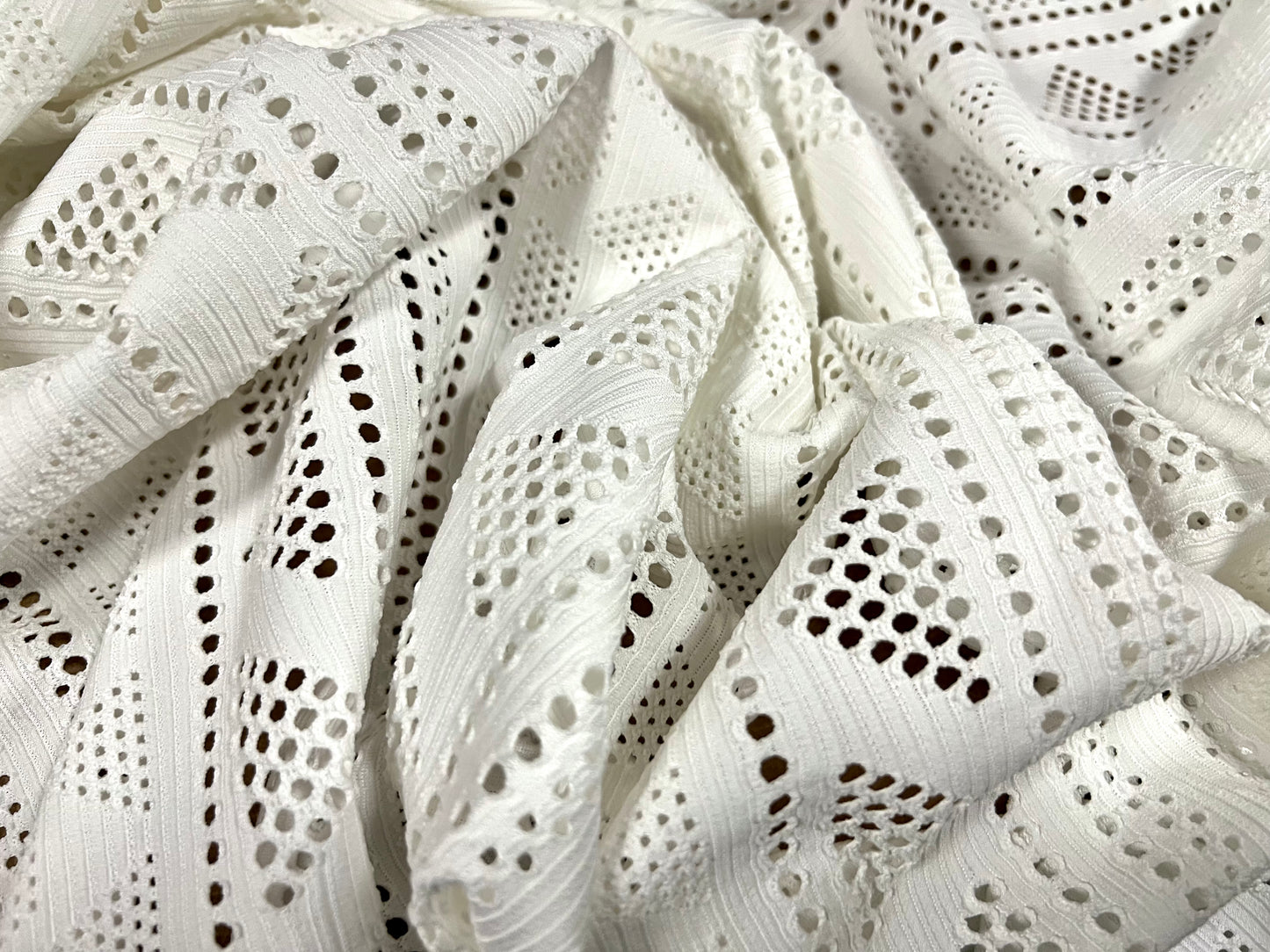 Crochet lace stretch spandex jersey fabric, per metre - aztec stripe - ivory