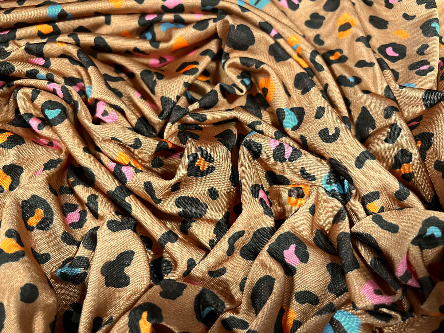 Stretch spandex jersey fabric, per metre - funky leopardskin print - caramel