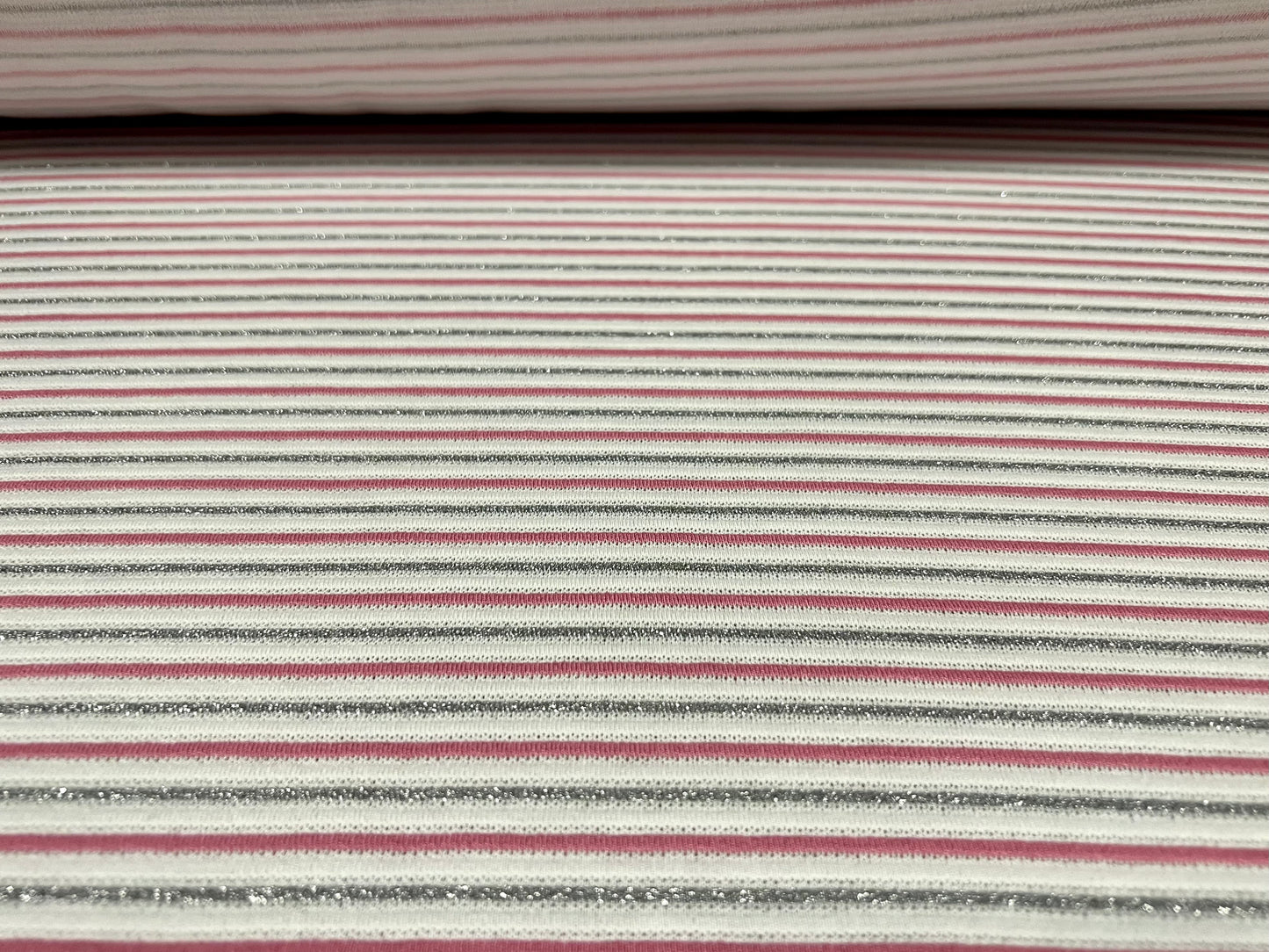 Ottoman rib jersey fabric , per metre - stripe - white and pink with silver metallic
