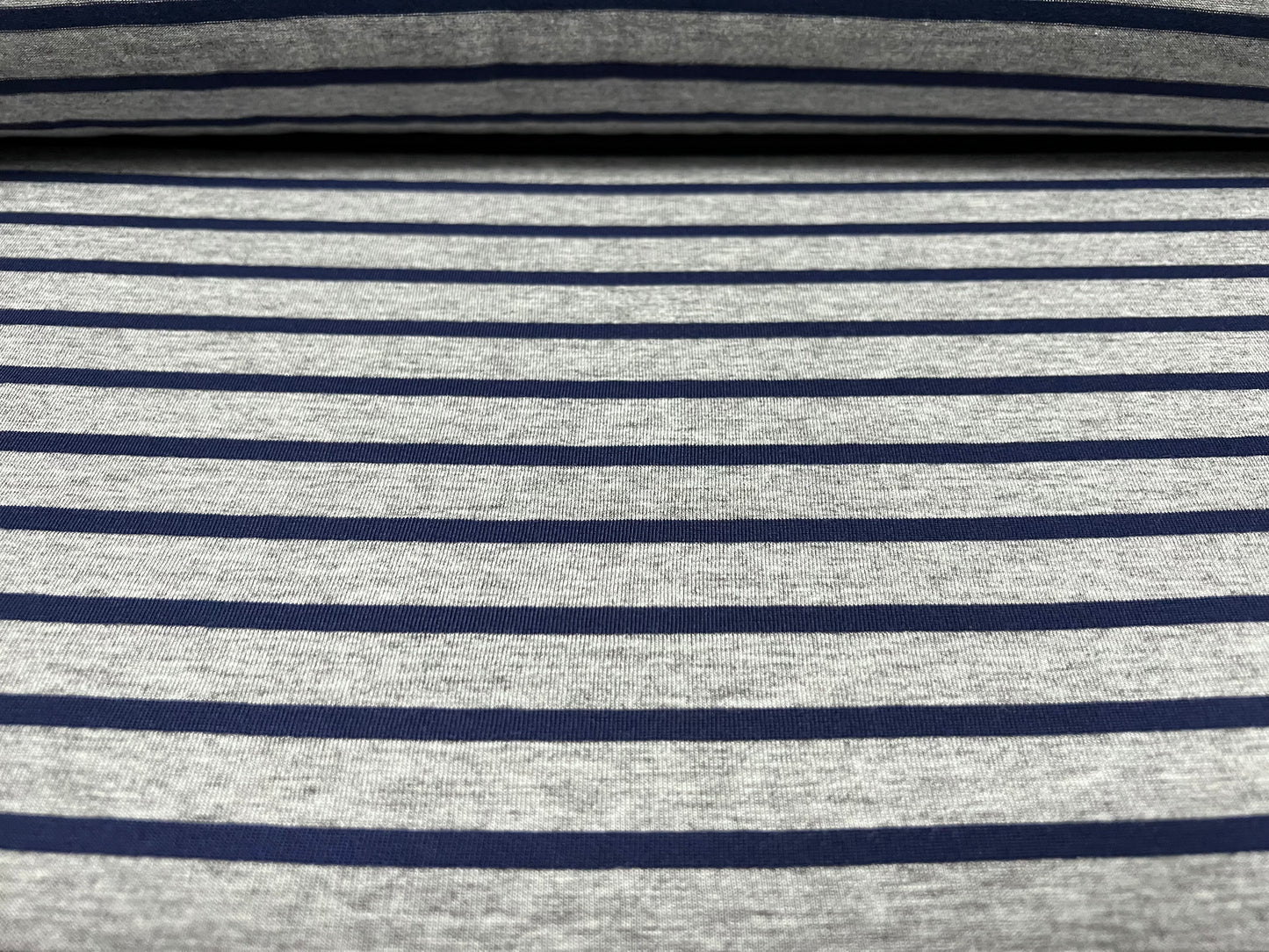 Viscose spandex stretch single jersey fabric, per metre - stripe - navy blue & grey marl