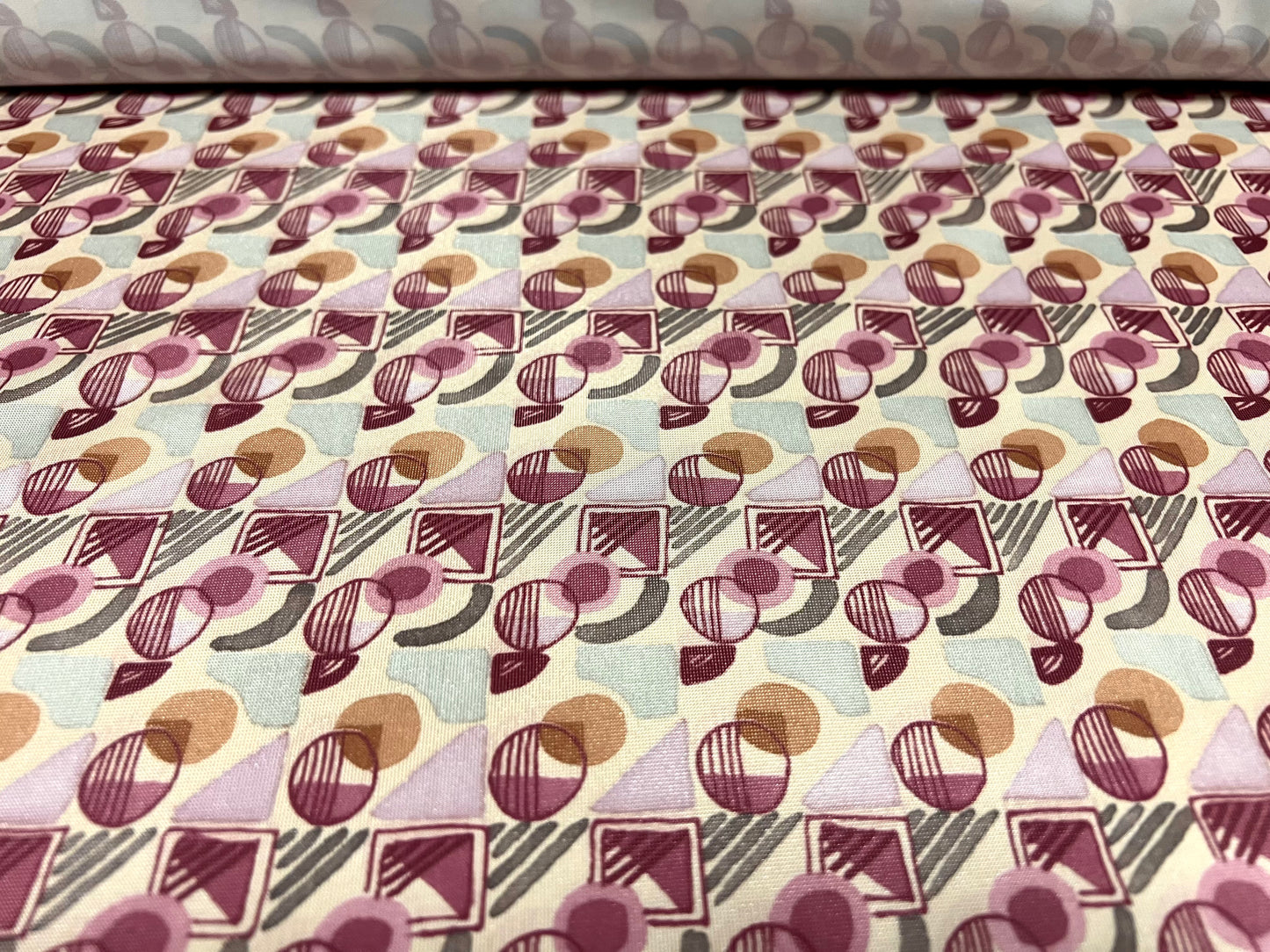 Sateen single jersey fabric, per metre - geometric print - magenta & grey