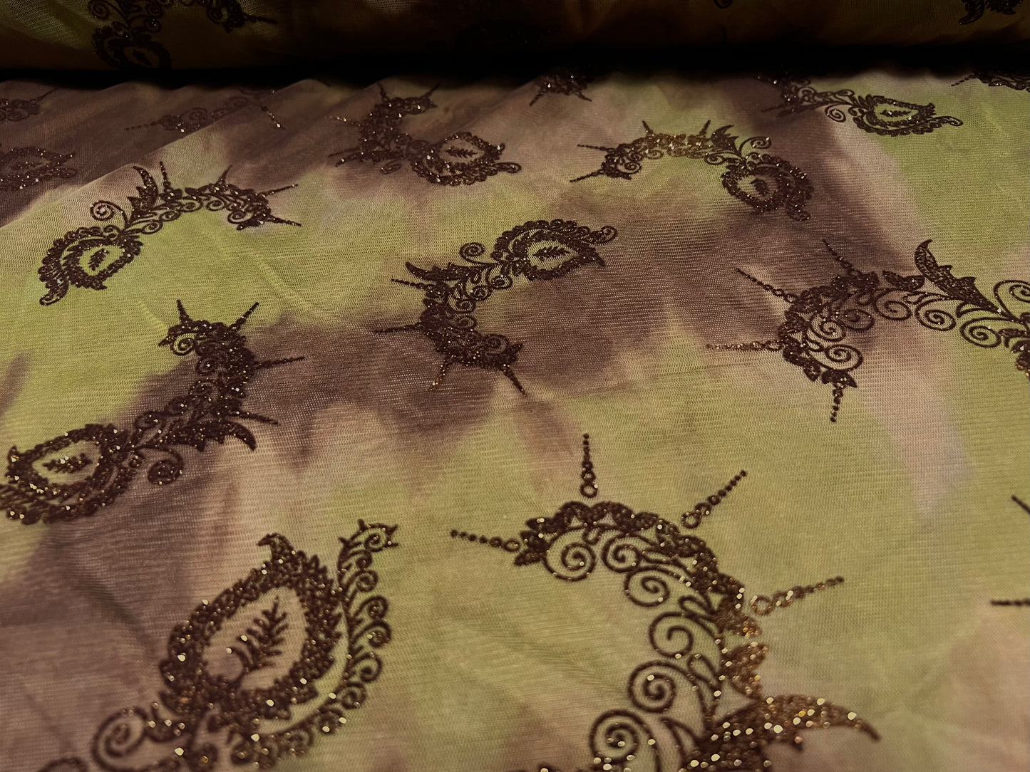 Chiffon jersey lightweight dress blouse fabric, per metre - tie dye paisley glitter print - Olive & brown