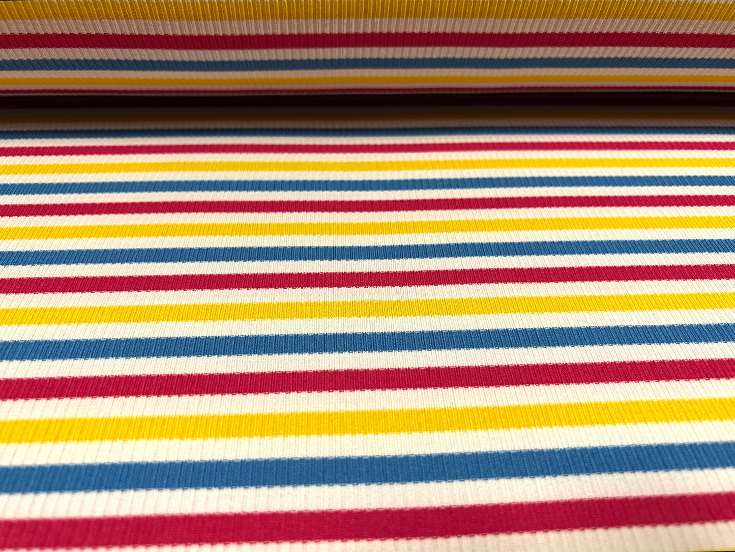 Stretch Spandex rib jersey fabric, per metre - stripe - white yellow fuchsia & blue
