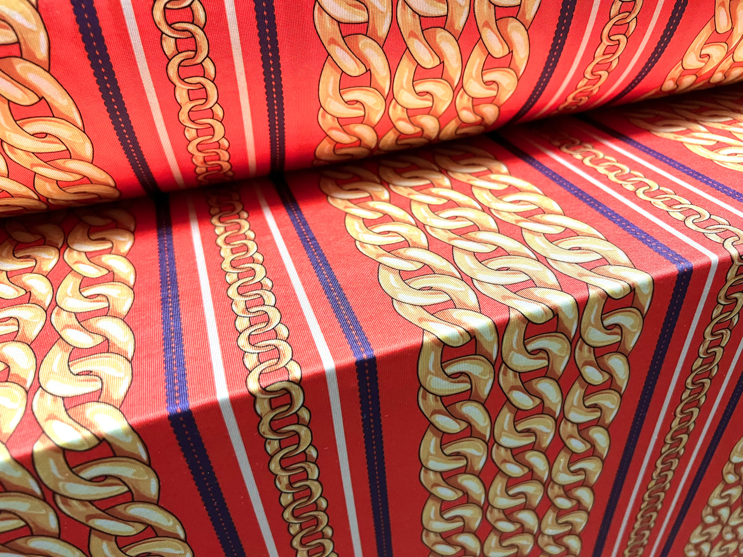 Stretch spandex jersey fabric, per metre - designer chains print - coral pink & gold