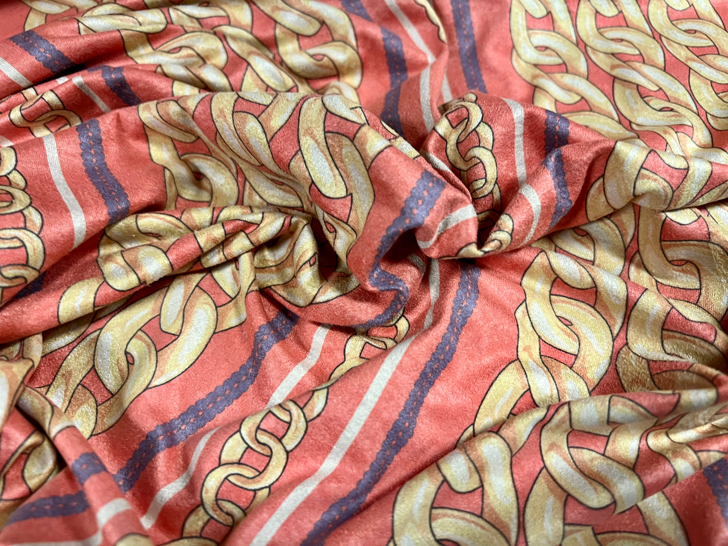 Faux suede stretch spandex jersey fabric, per metre - Designer chains print - washed pink & gold