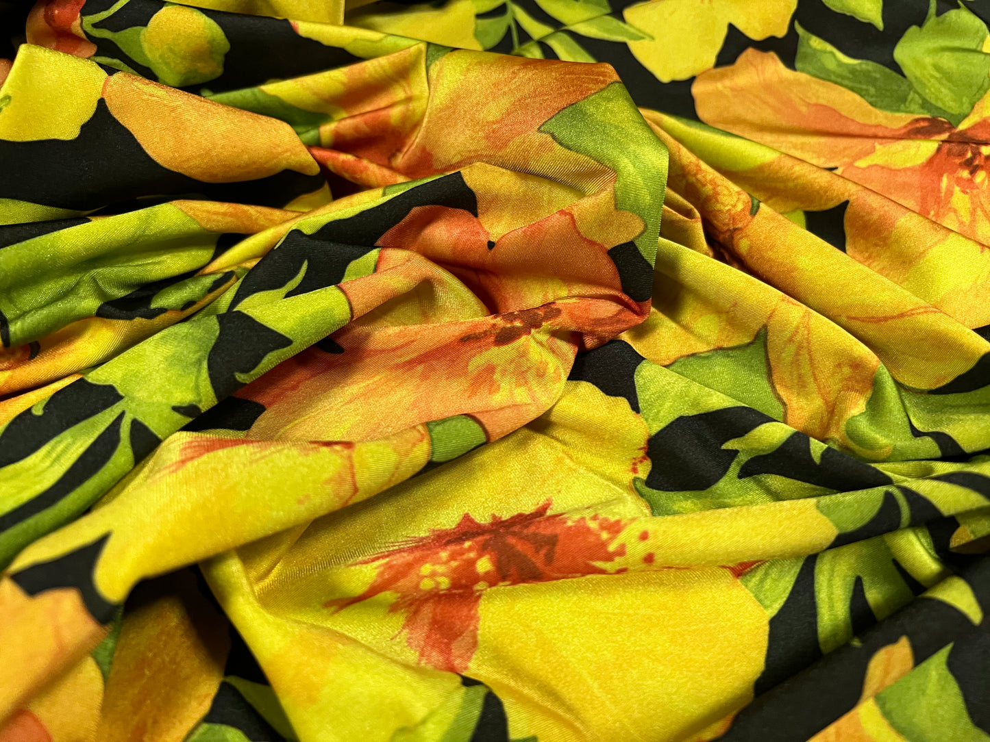 Swimwear stretch spandex jersey fabric, per metre - orchid flower print - black lime & orange