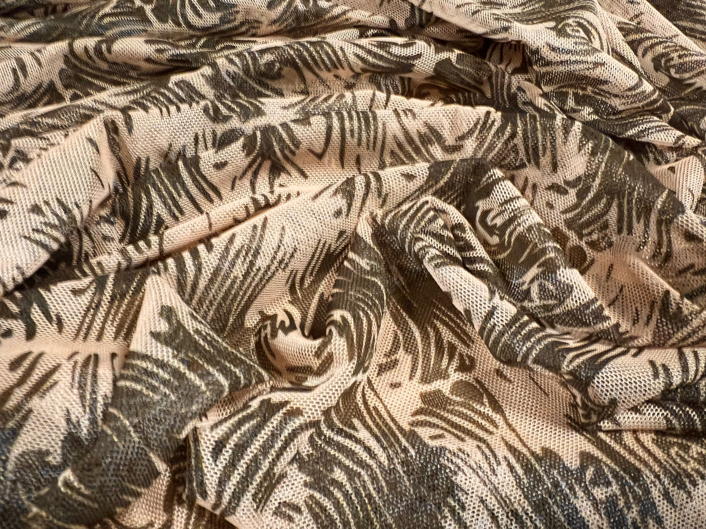 Power mesh net sheer stretch spandex fabric, per metre - tribal swirl tattoo print - nude & khaki