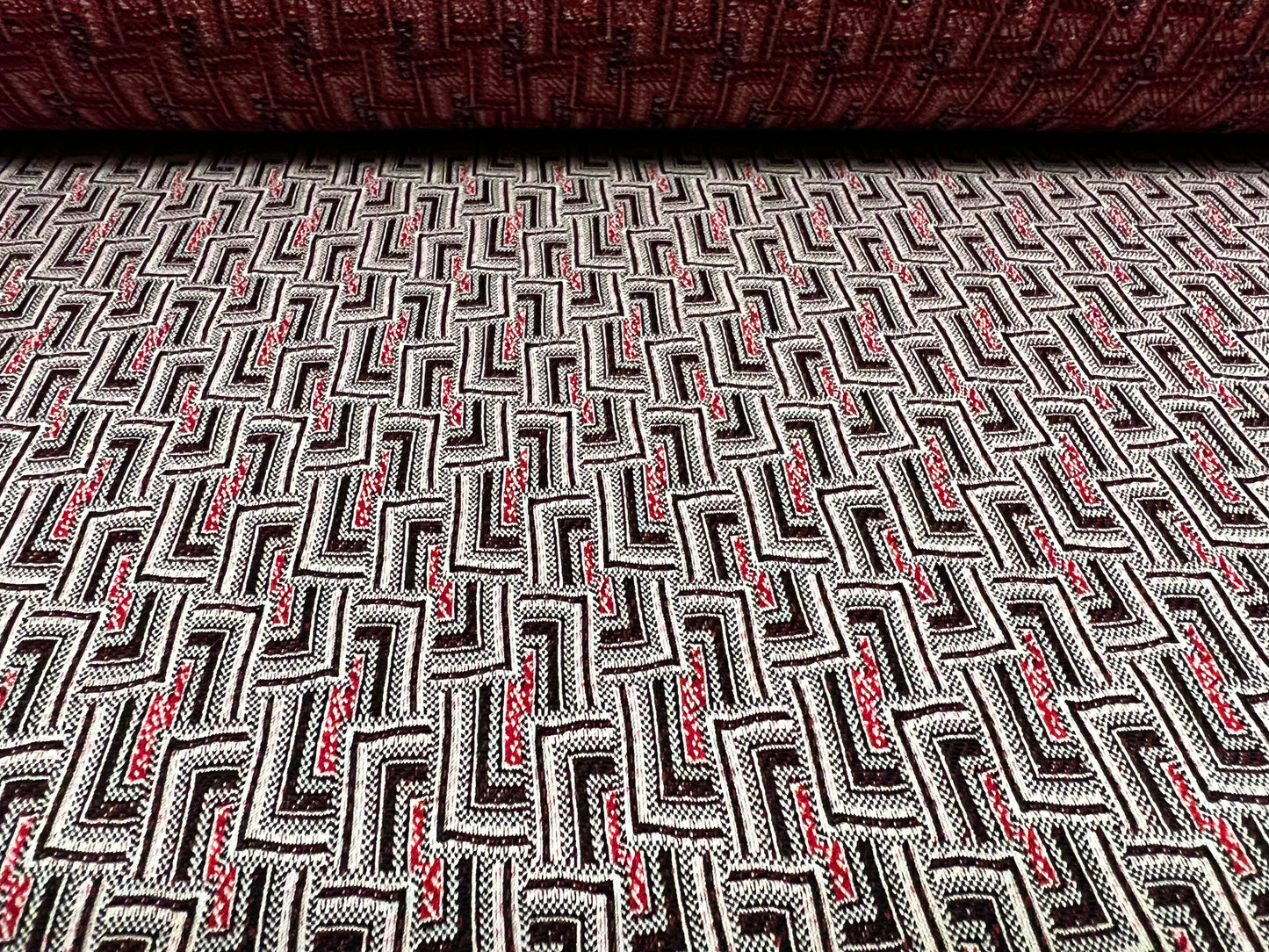 Double Jersey stretch spandex fabric, per metre - geometric jacquard - red & grey