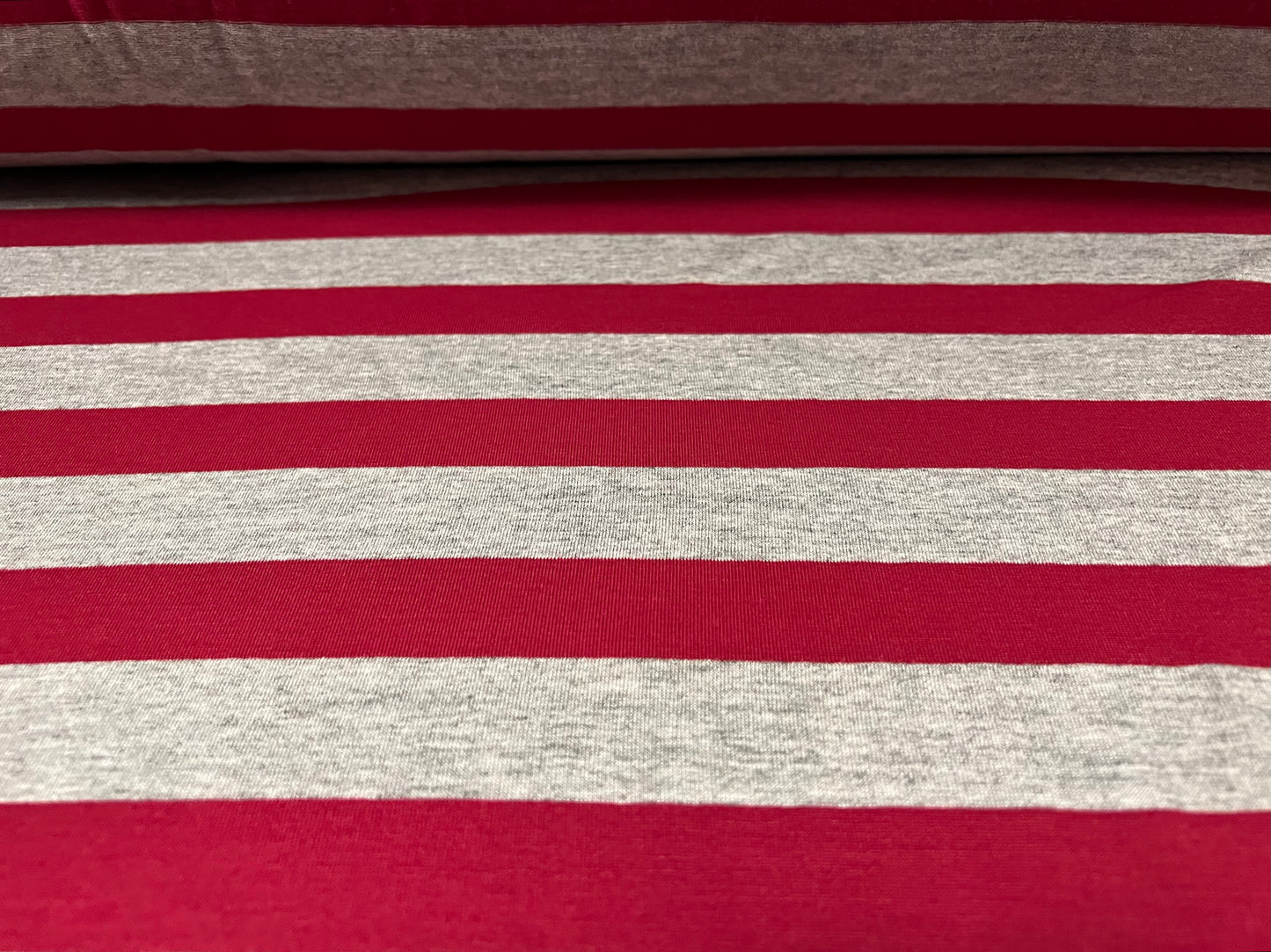 Viscose spandex stretch single jersey fabric, per metre - stripe - autumn red & grey marl