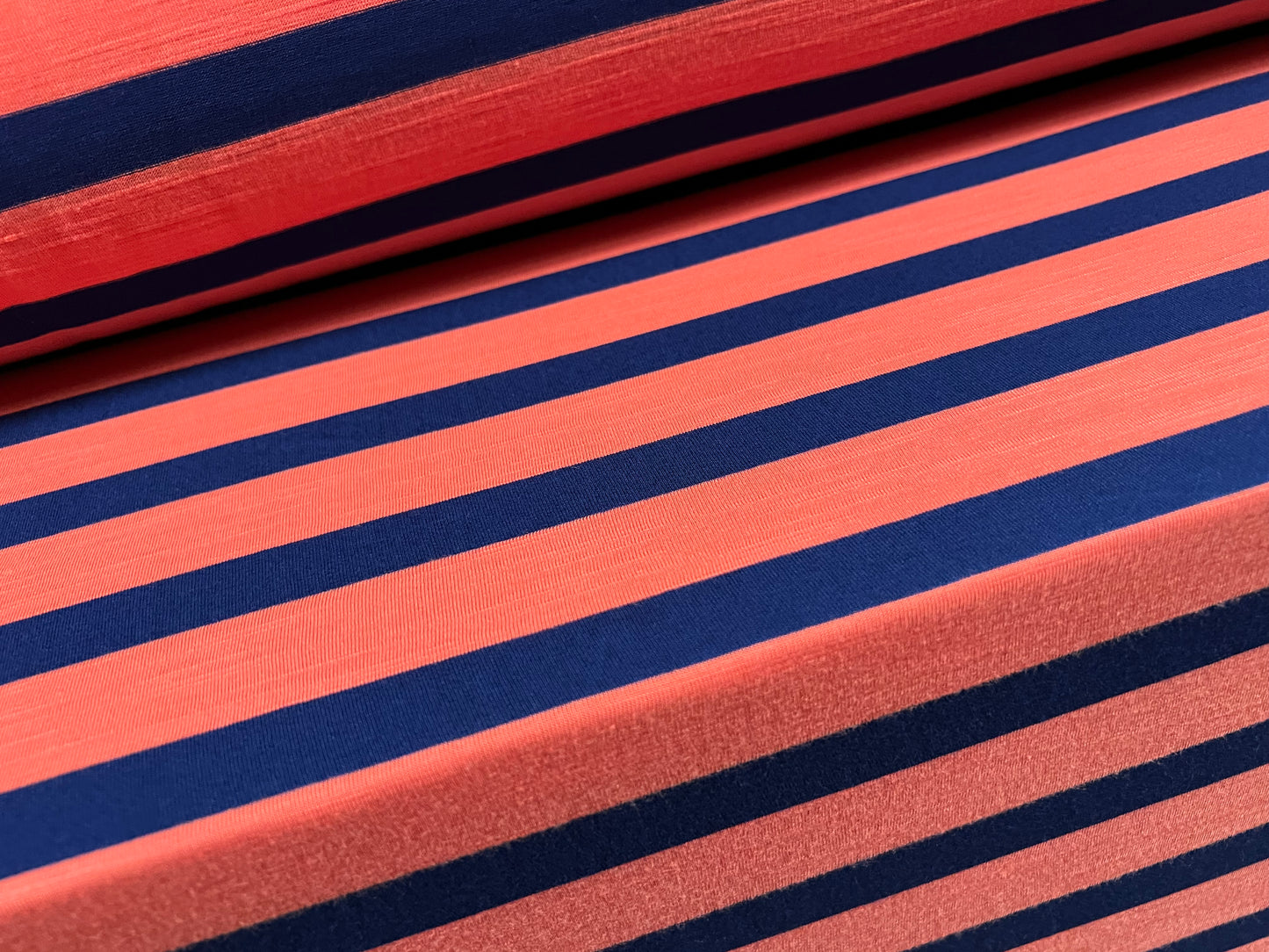 Soft handle slub single jersey fabric, per metre - stripe - coral & navy blue