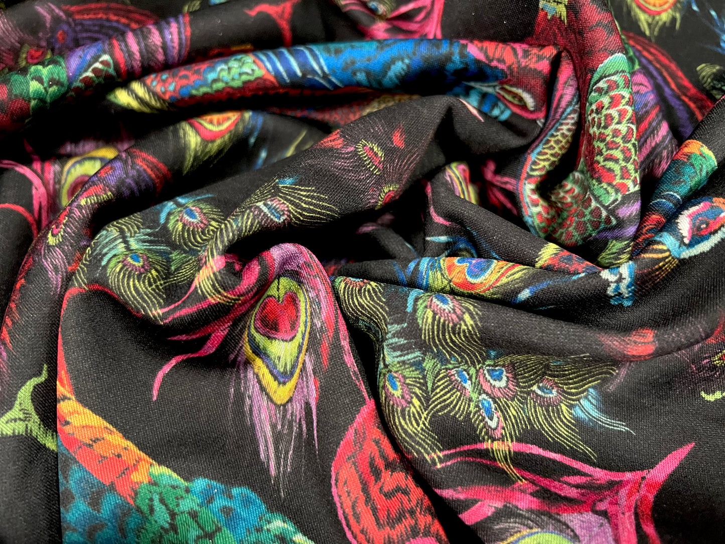 Scuba neoprene style double jersey stretch spandex fabric, per metre - peacock feathers print - multicolour