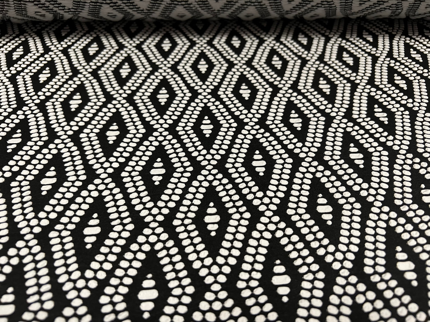 Double Jersey stretch fabric, per metre - diamond jacquard - black & white