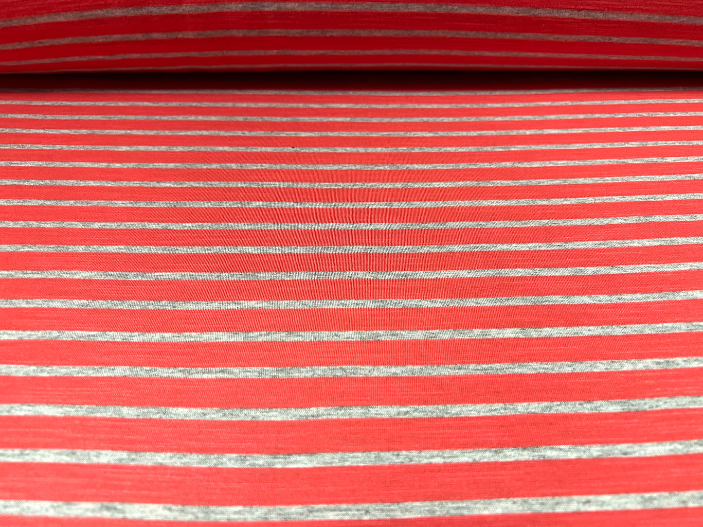Viscose spandex stretch single jersey fabric, per metre - stripe - grey marl & strawberry