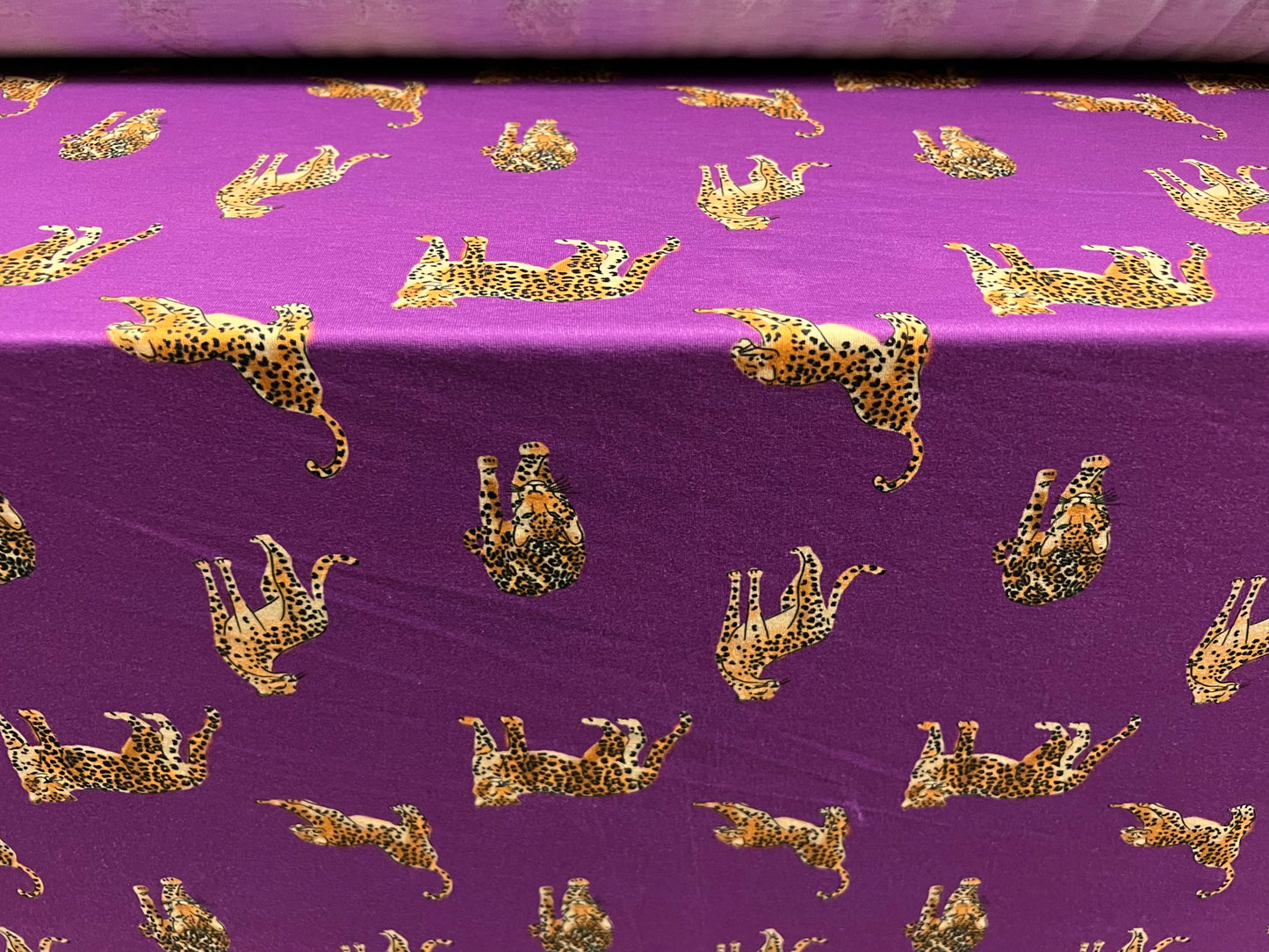 Soft handle stretch single jersey fabric, per metre - cheetah animal print - purple & gold